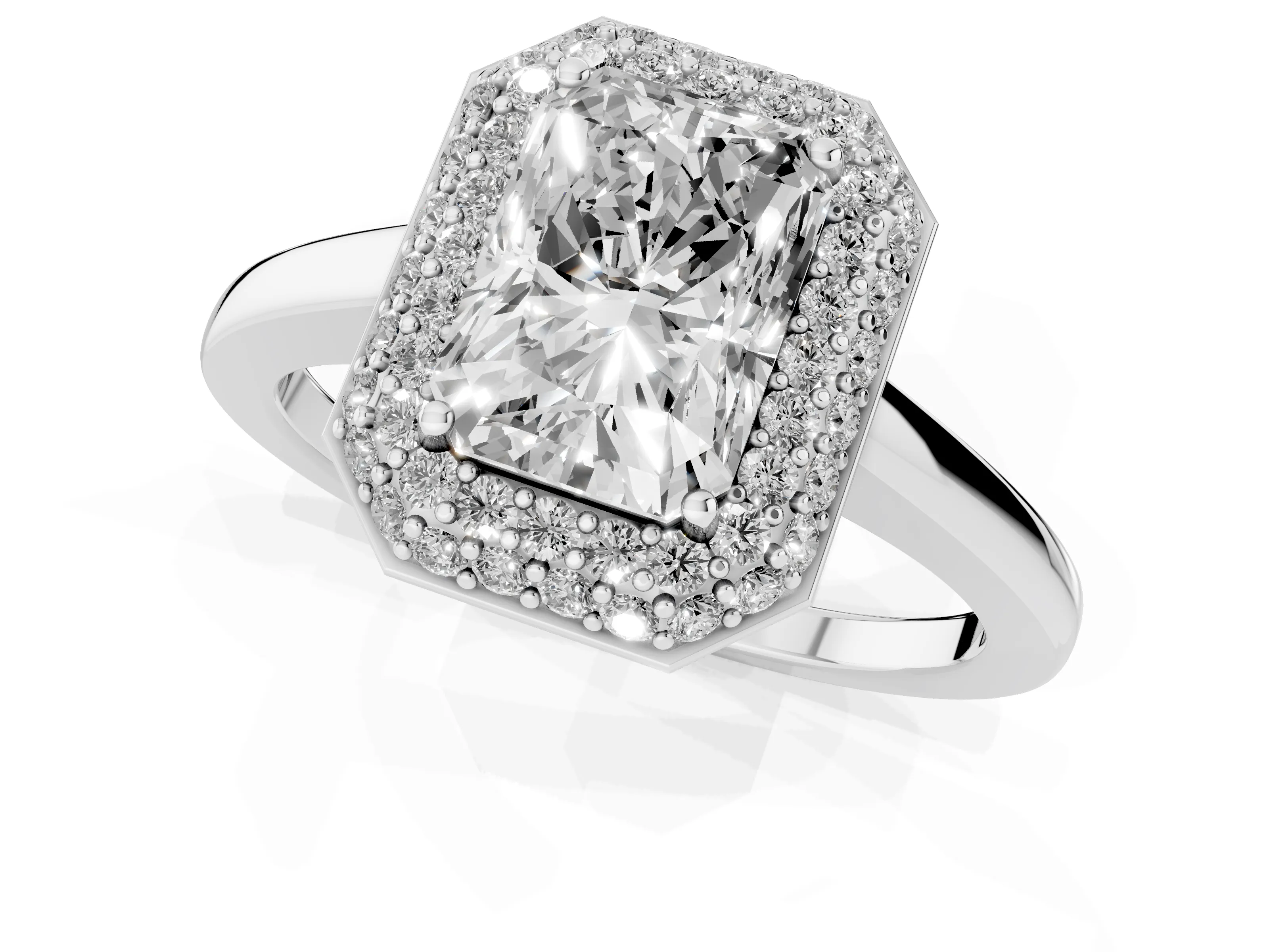 Radiant Cut Diamond Halo Engagement Ring Set in Platinum with Solitaire Band and Prong Setting