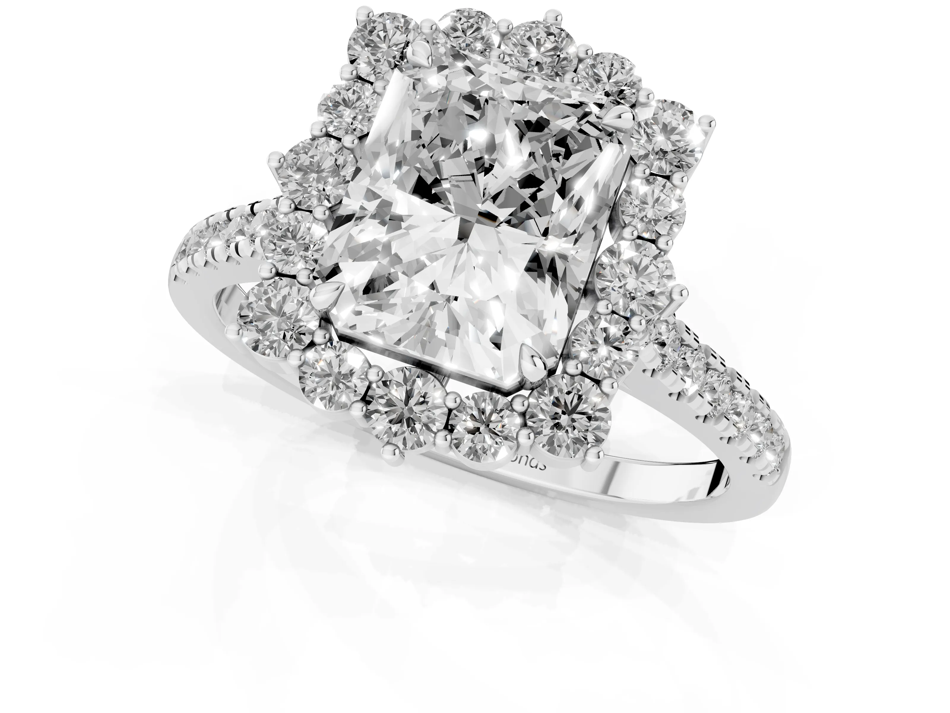 Radiant Cut Diamond Halo Ring Set in Silver with Pavé Band and Prong Setting