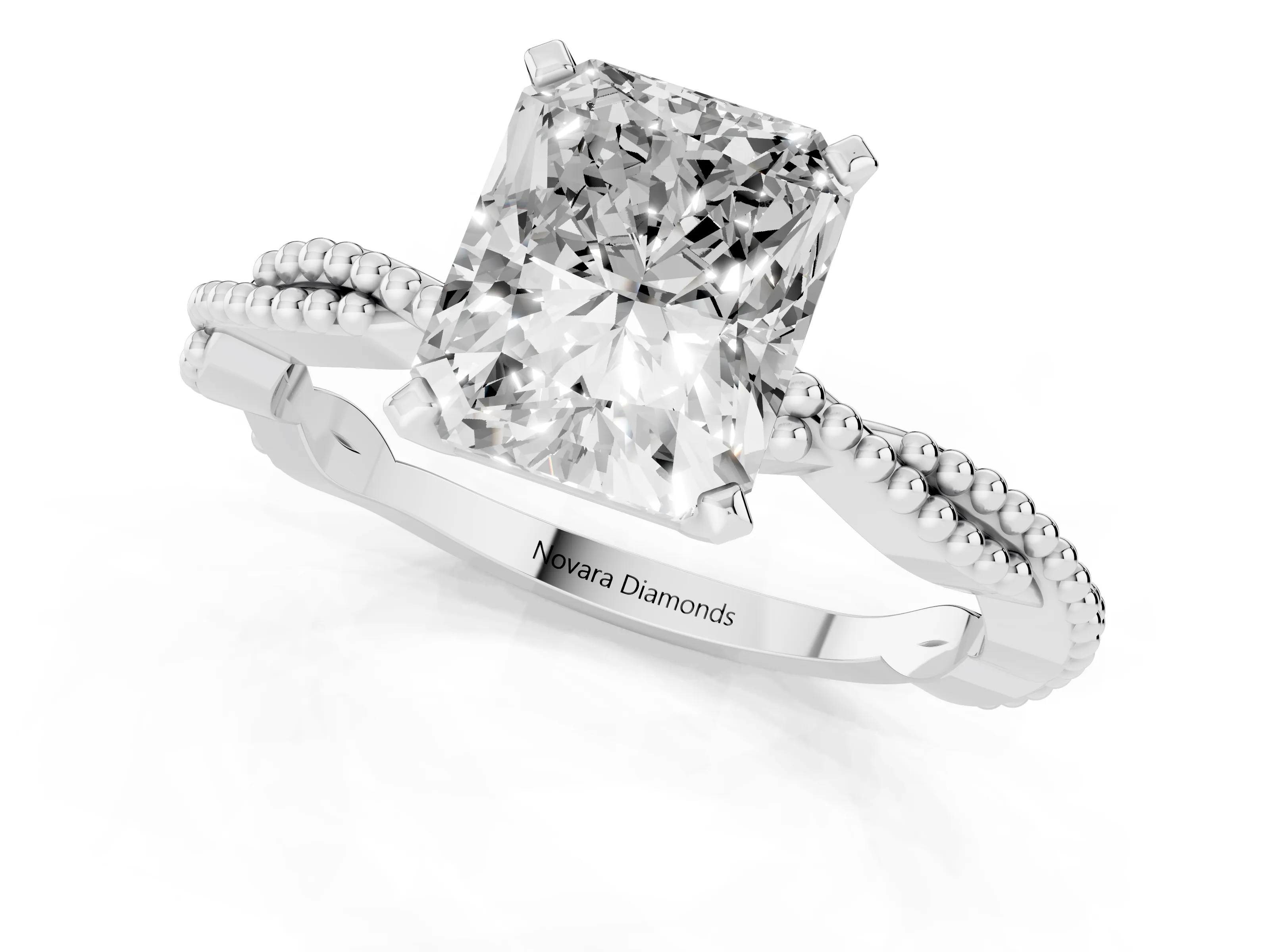 Radiant Cut Diamond Solitaire Ring Set in Platinum with Twisted Band and Bead Prong Setting
