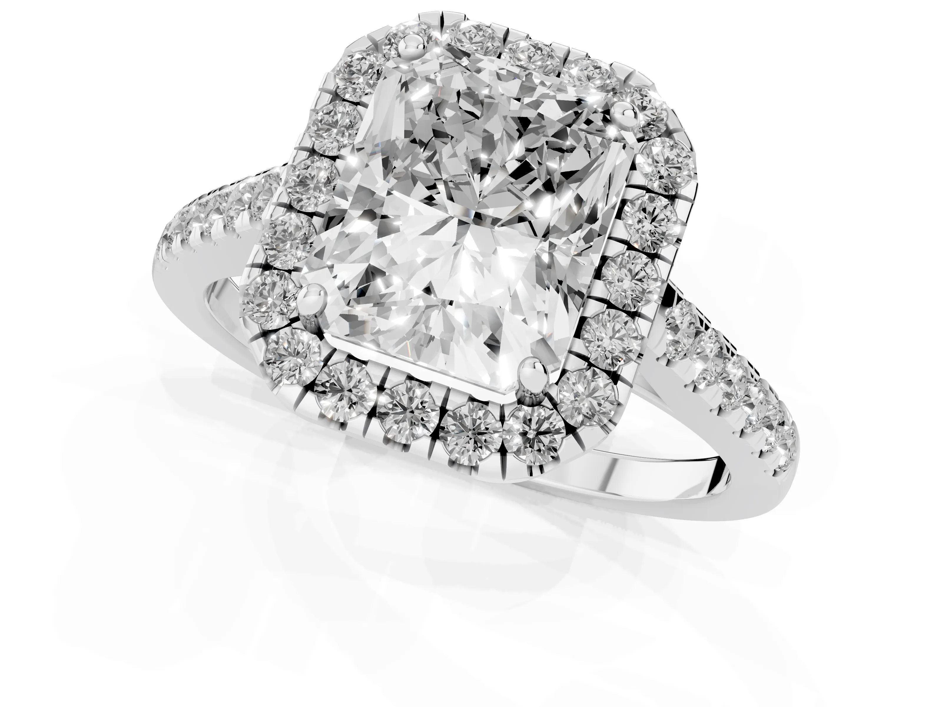 Radiant Cut Diamond Halo Pavé Engagement Ring Set in Platinum with Prong Setting