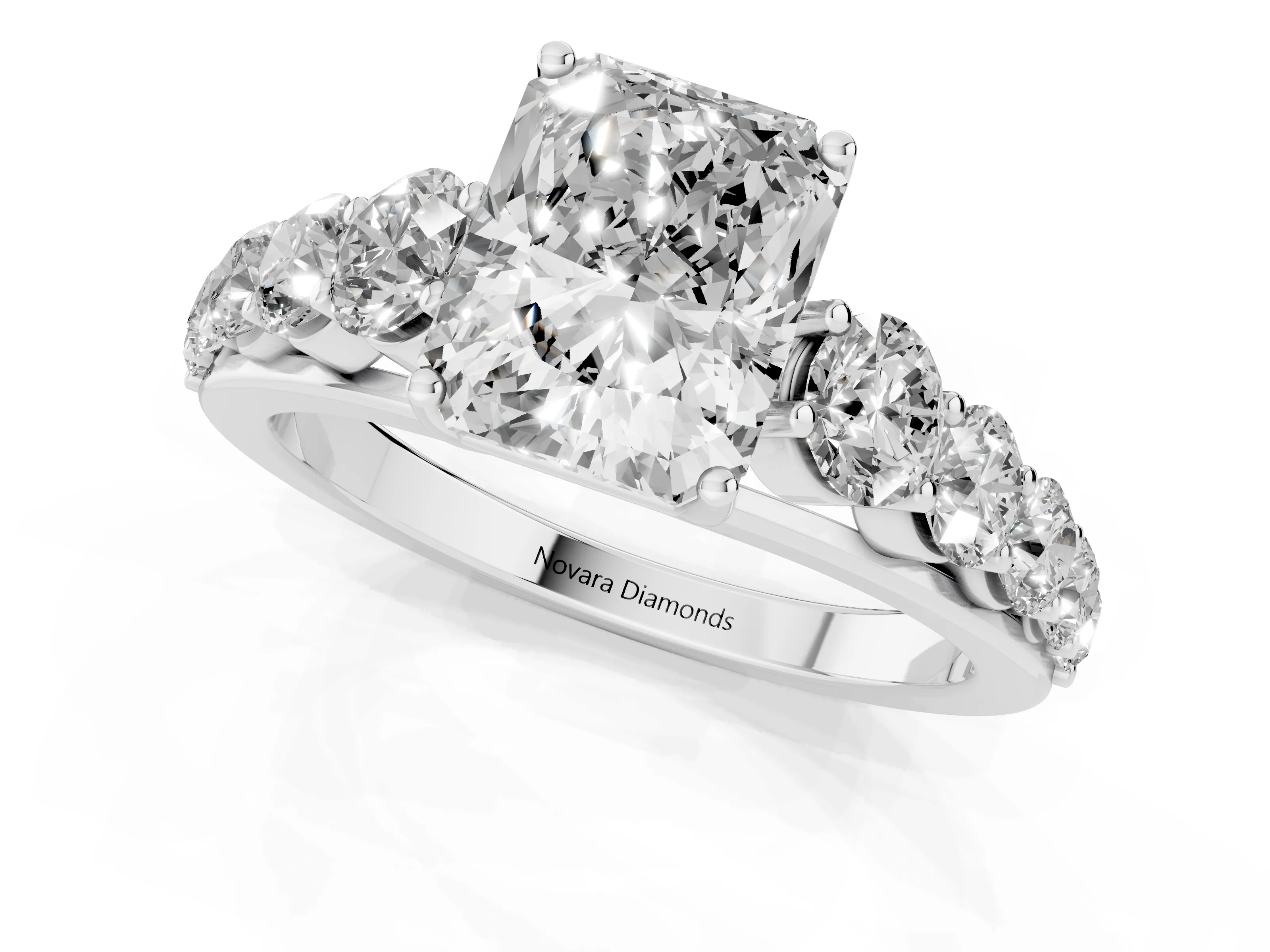 Radiant Cut Diamond Solitaire Ring Set in Silver with Pavé-Set Band and Prong Setting