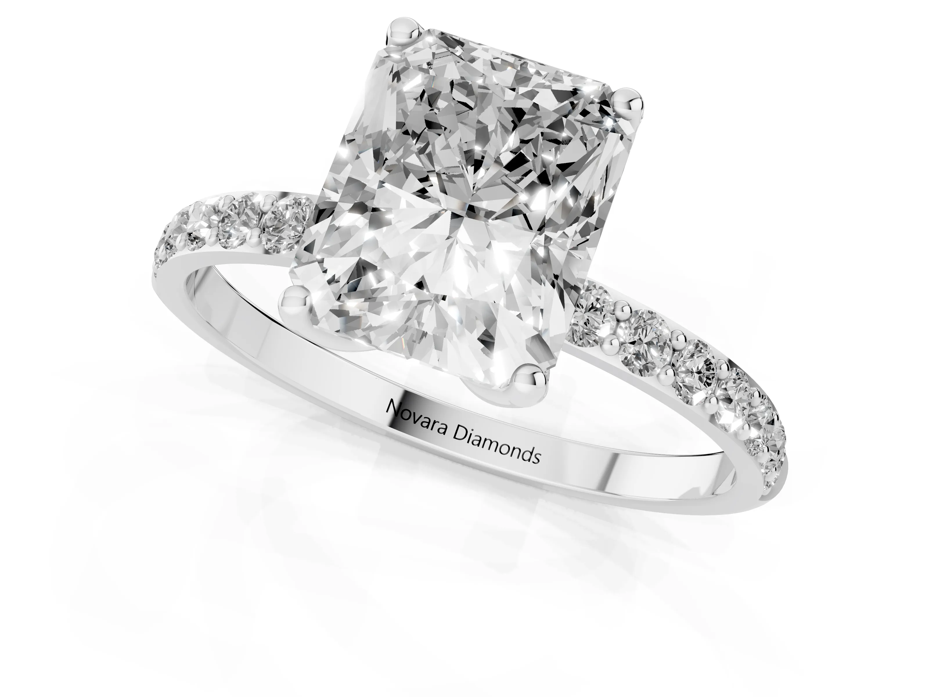 Radiant Cut Diamond Solitaire Engagement Ring Set in White gold with Round Pavé Band and Prong Setting