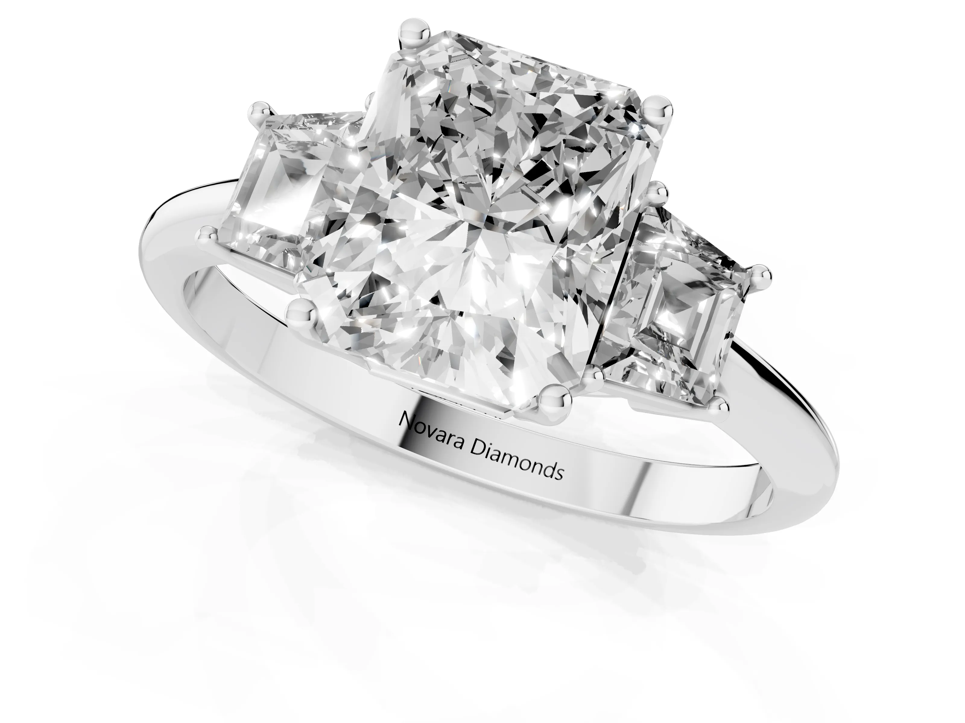 Radiant Cut Diamond Three-Stone Ring Set in Platinum with Trapezoid Side Stones and Prong Setting