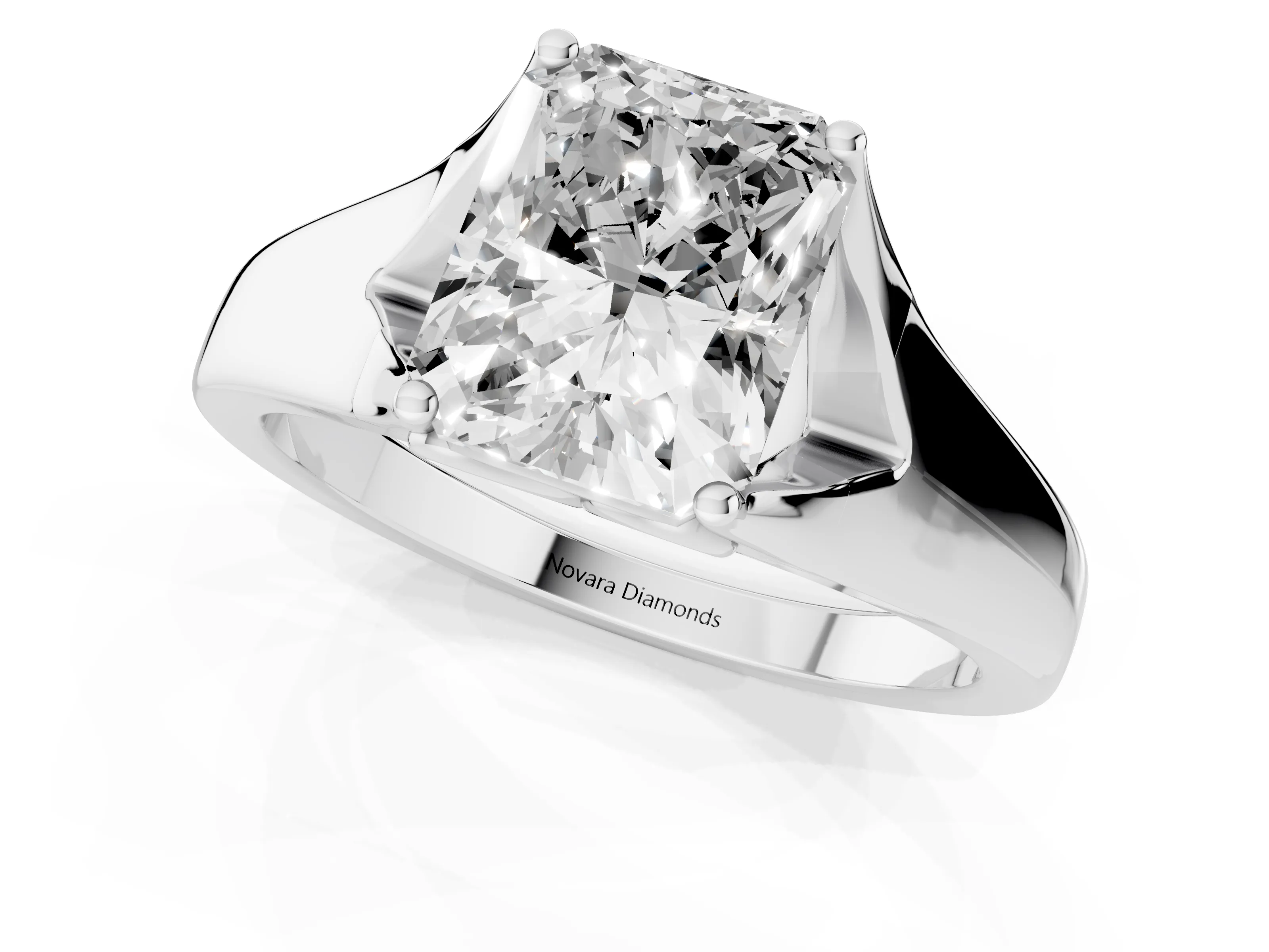 Radiant Cut Diamond Solitaire Ring Set in White gold with Arched Cathedral Band and Prong Setting