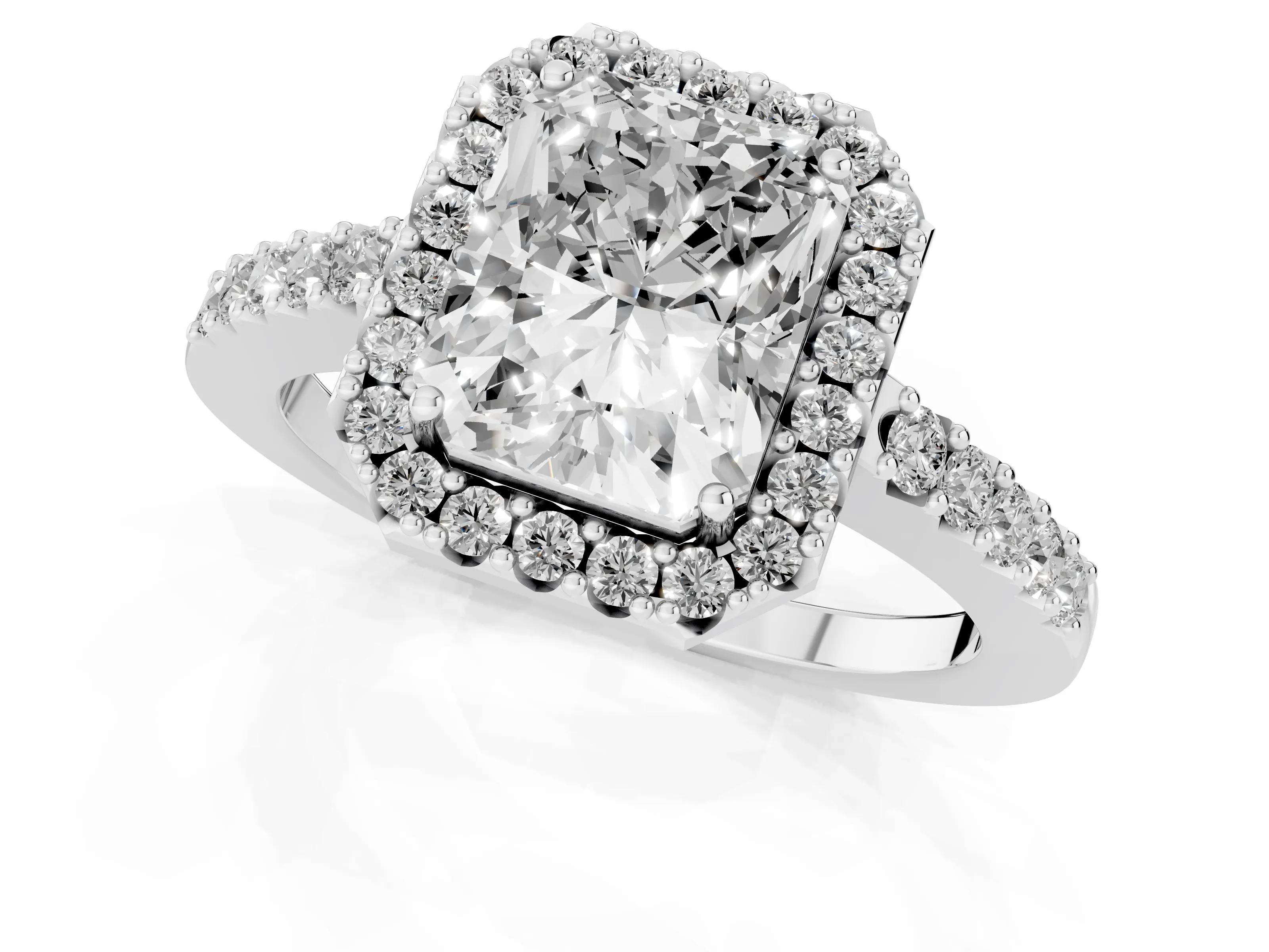 Radiant Cut Diamond Halo Pavé Solitaire Ring Set in White gold with Prong-Set Center Stone – second view