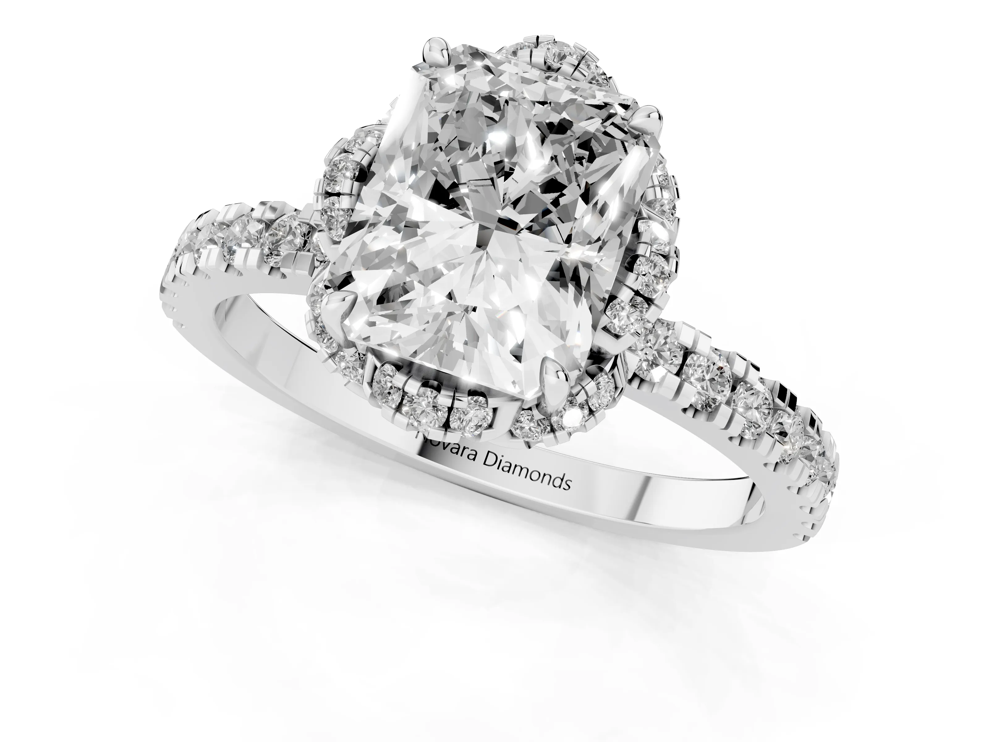 Radiant Cut Diamond Halo Pavé Band Ring Set in Platinum with Prong-Held Center