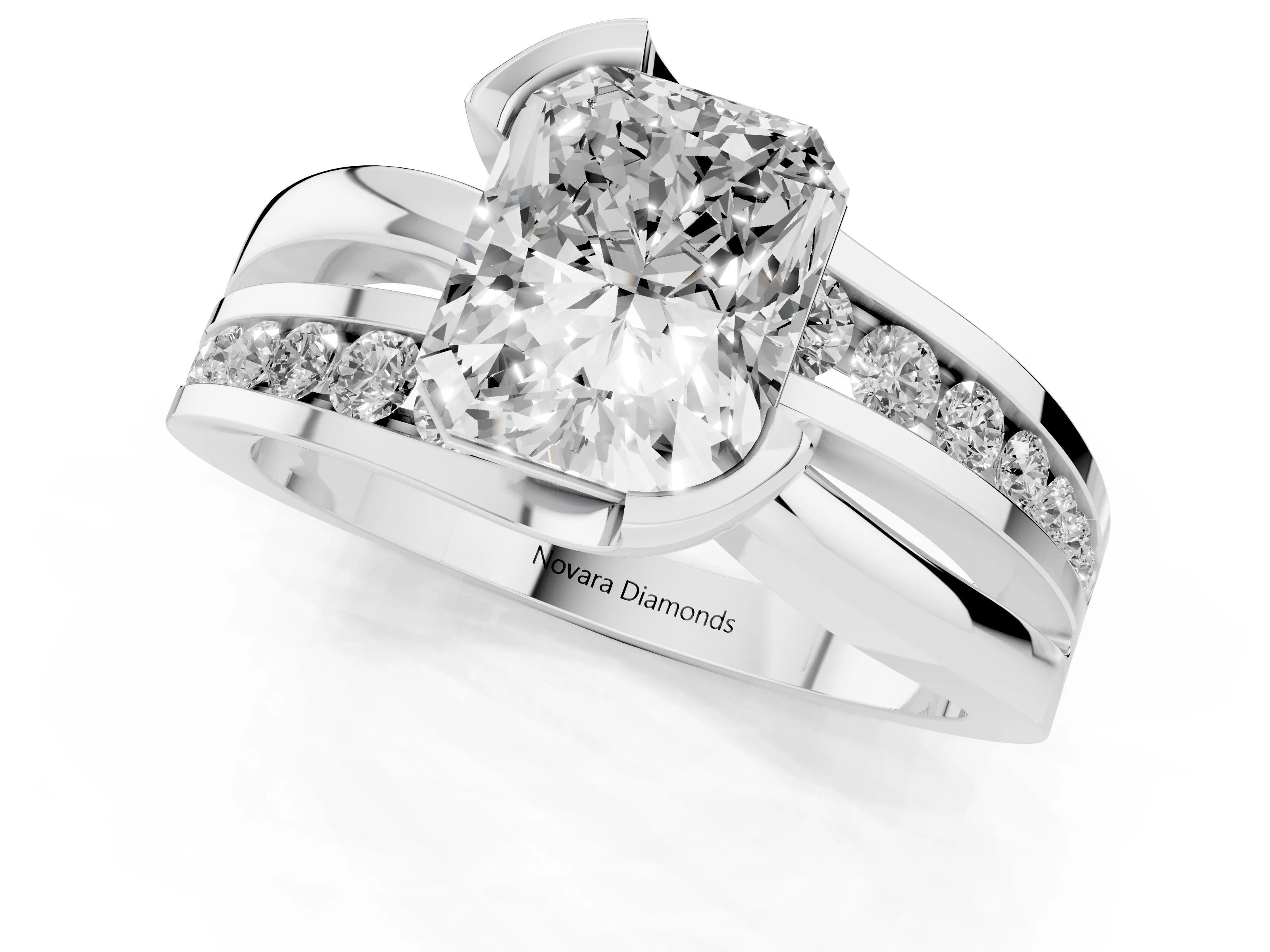 Radiant Cut Diamond Solitaire Ring Set in Platinum with Channel Set Split Shank and Tension Prongs
