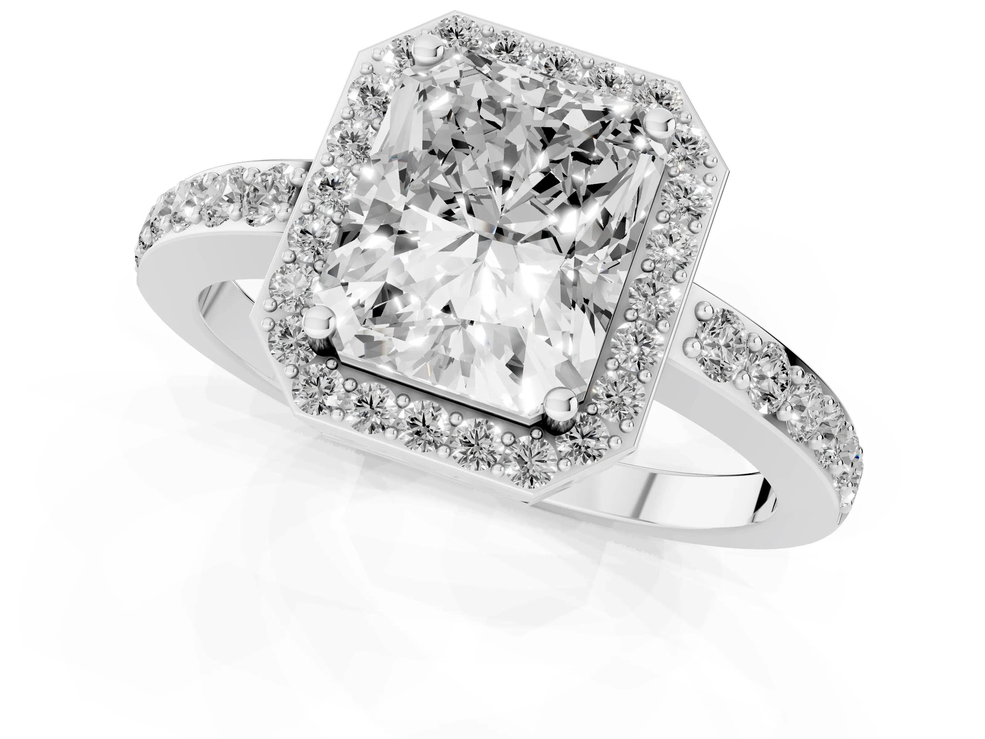 Radiant Cut Diamond Halo Ring Set in White gold with Pavé-Setting Band and Open Prong Center