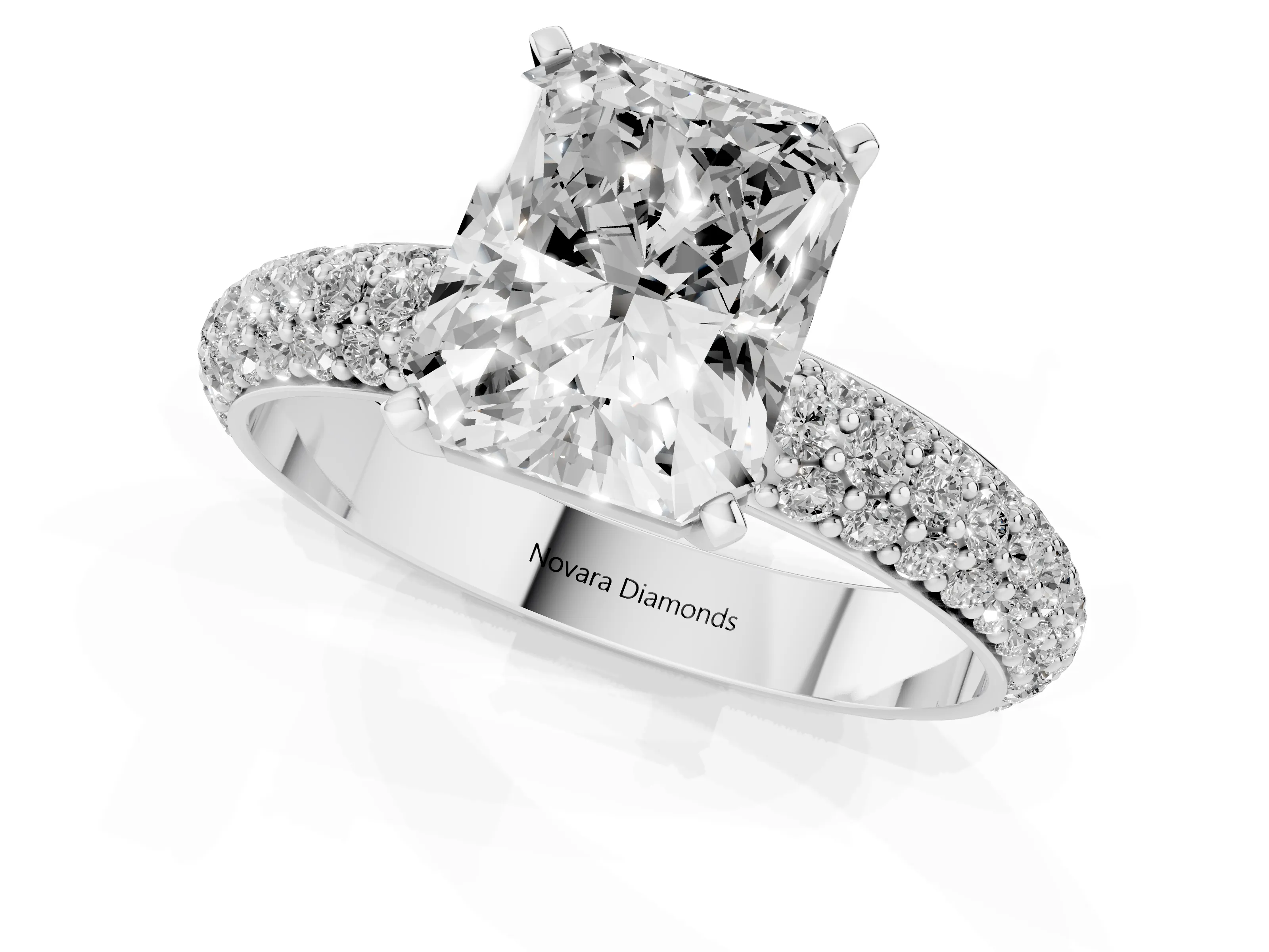 Radiant Cut Diamond Solitaire Ring Set in Silver with Prong Setting and Pavé-Set Band