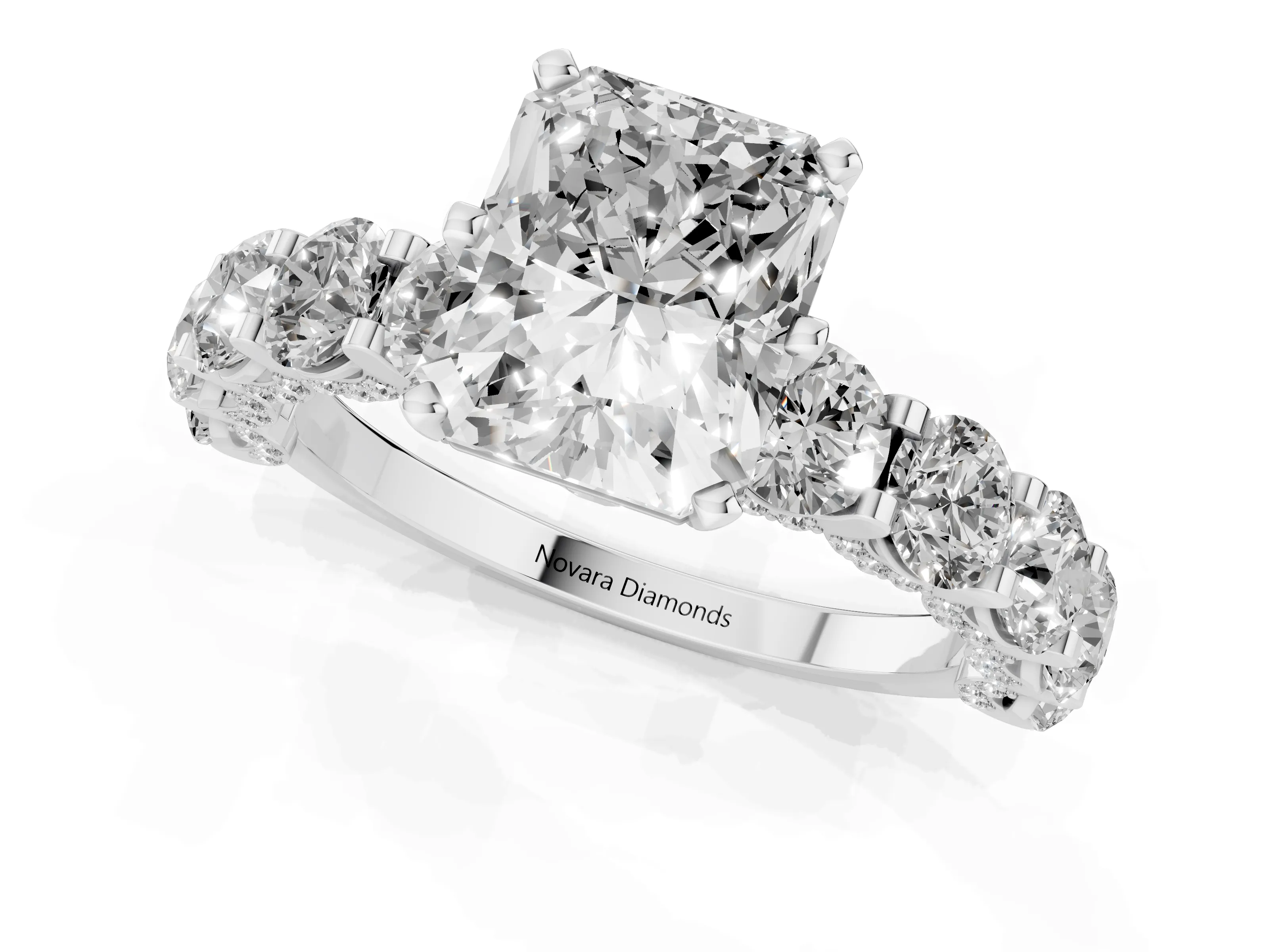 Radiant Cut Diamond Side Stone Ring Set in Silver with Alternating Round and Oval Side Stones – second view