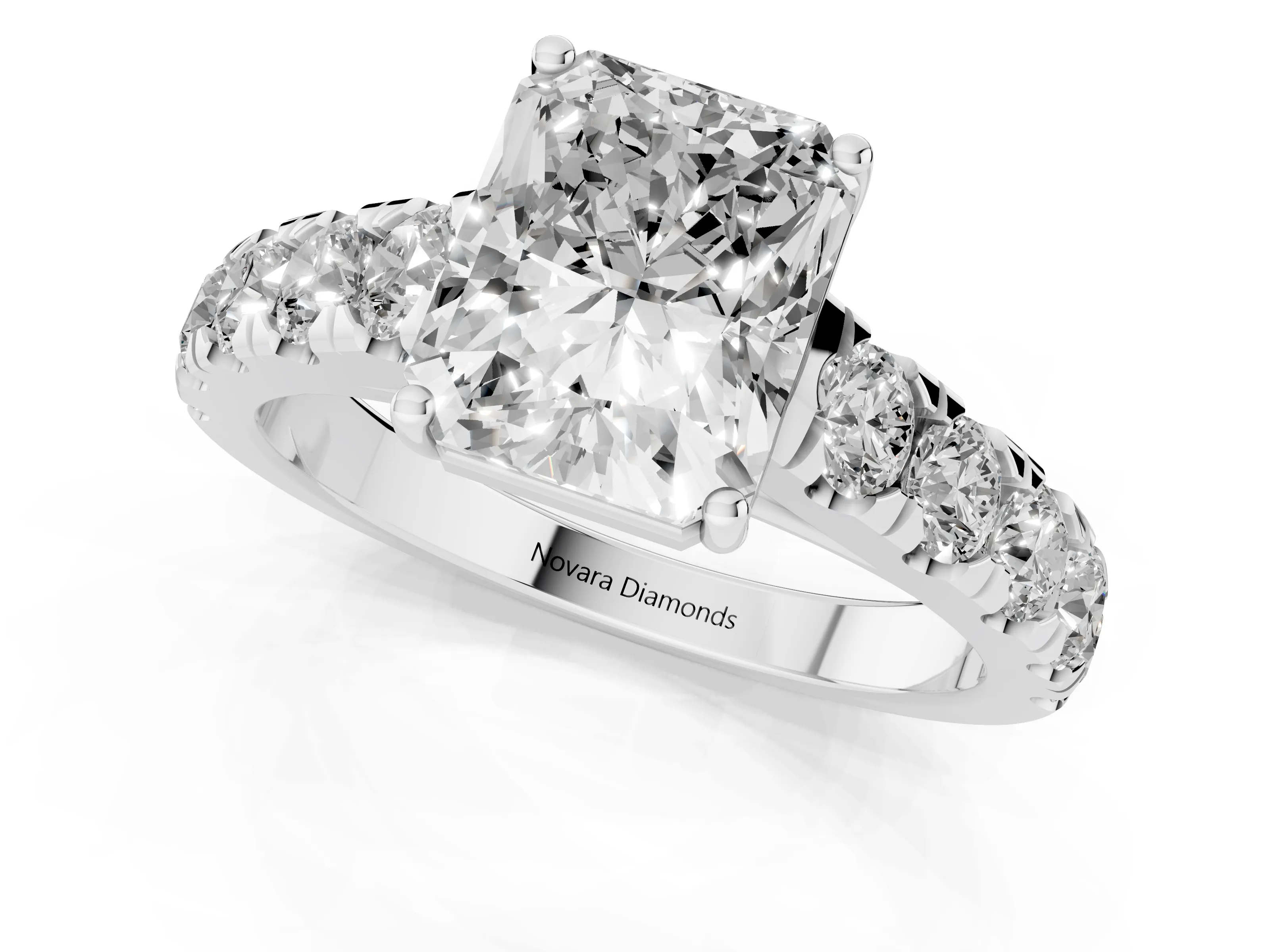 Radiant Cut Diamond Solitaire Ring Set in Silver with Cut-Down Micro Pavé Band and Prong Setting