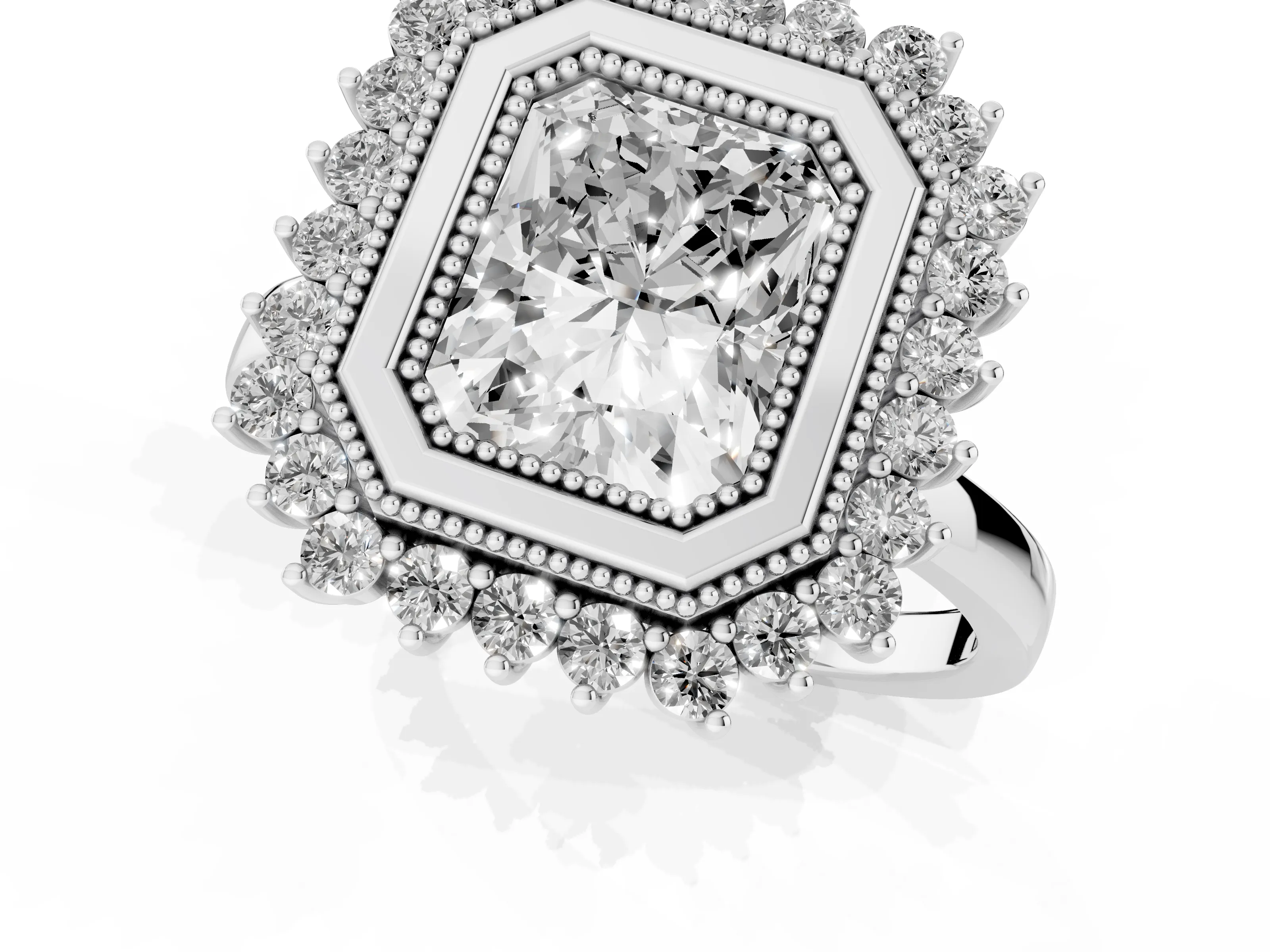 Radiant Cut Diamond Halo Ring Set in Silver with Milgrain Edge and Round Prong Setting