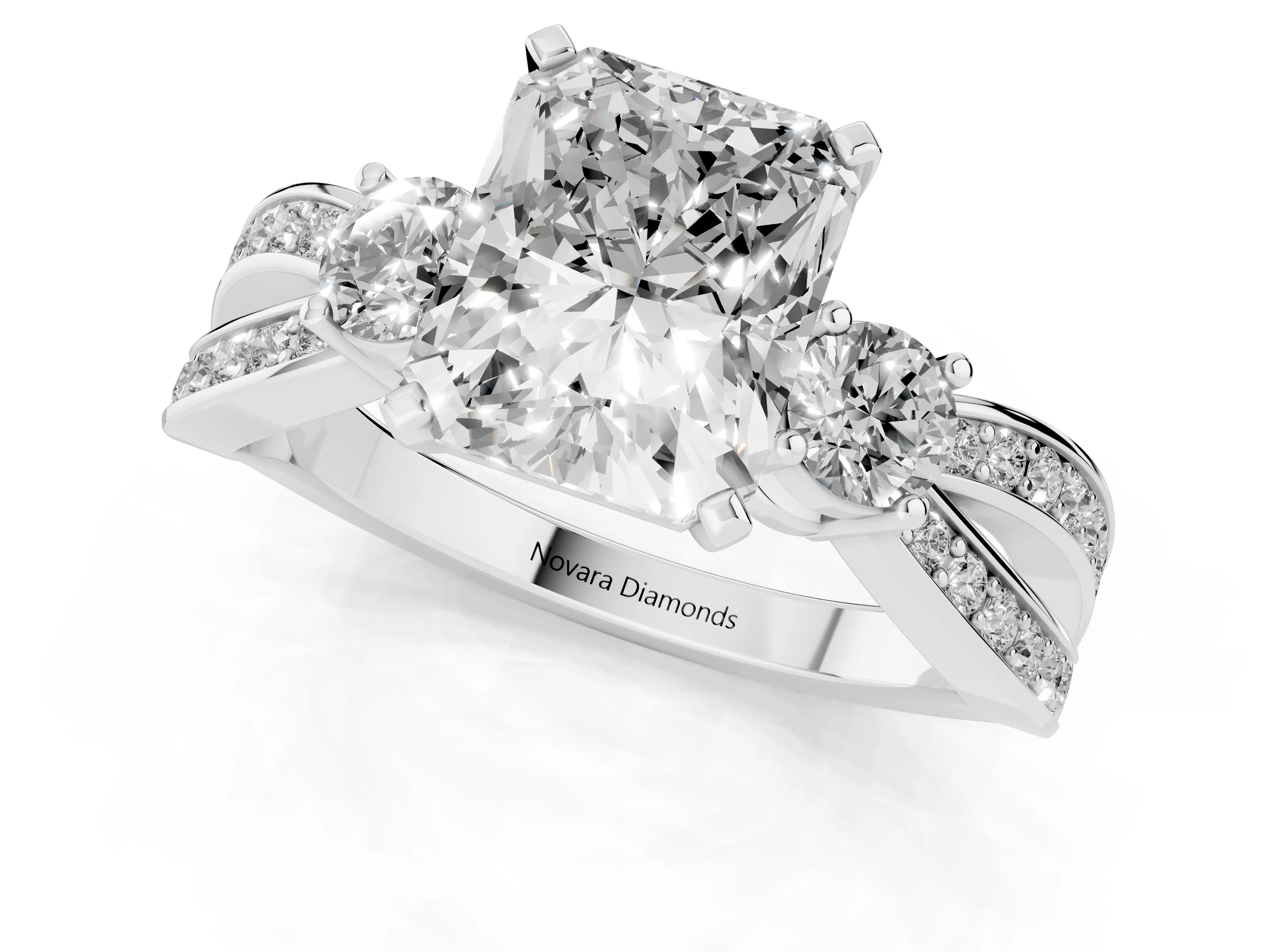 Three-Stone Radiant Cut Diamond Twist Band Ring Set in White gold with Pavé Accents and Prong Setting – second view
