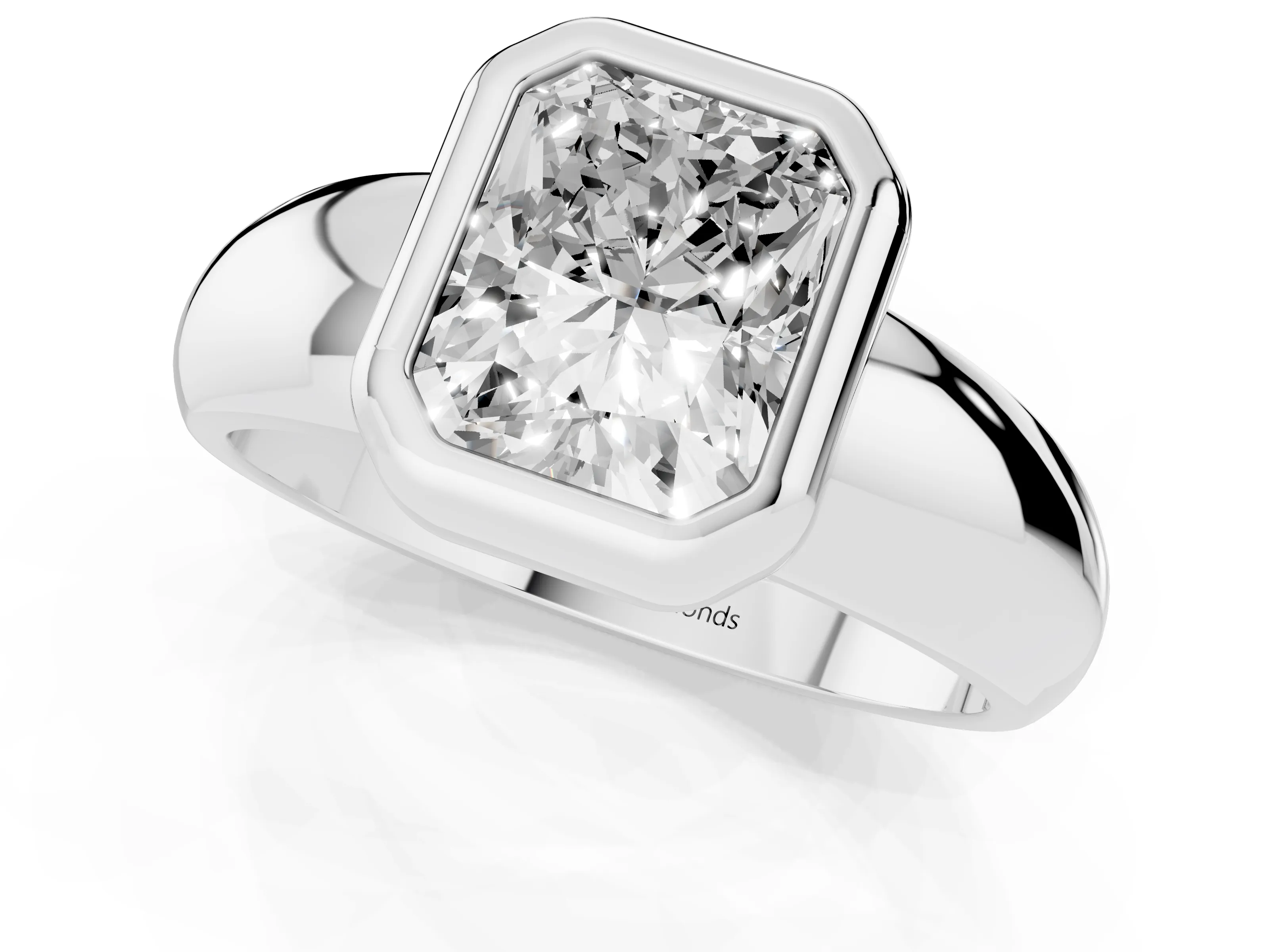 Bezel Set Radiant Cut Diamond Solitaire Ring Set in Silver with Wide Band