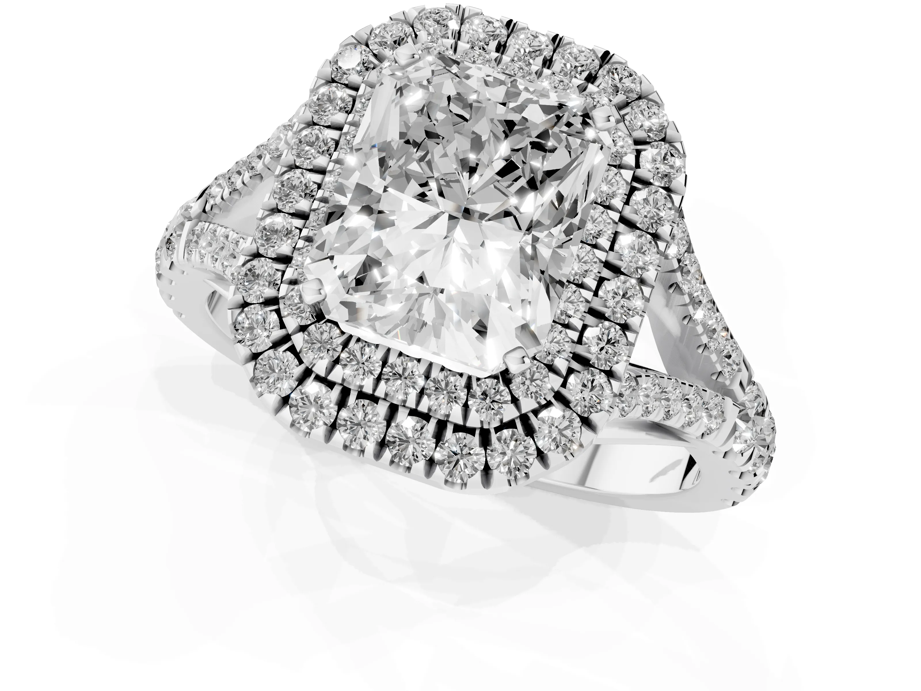 Radiant Cut Diamond Pavé Split Shank Double Halo Engagement Ring Set in White gold