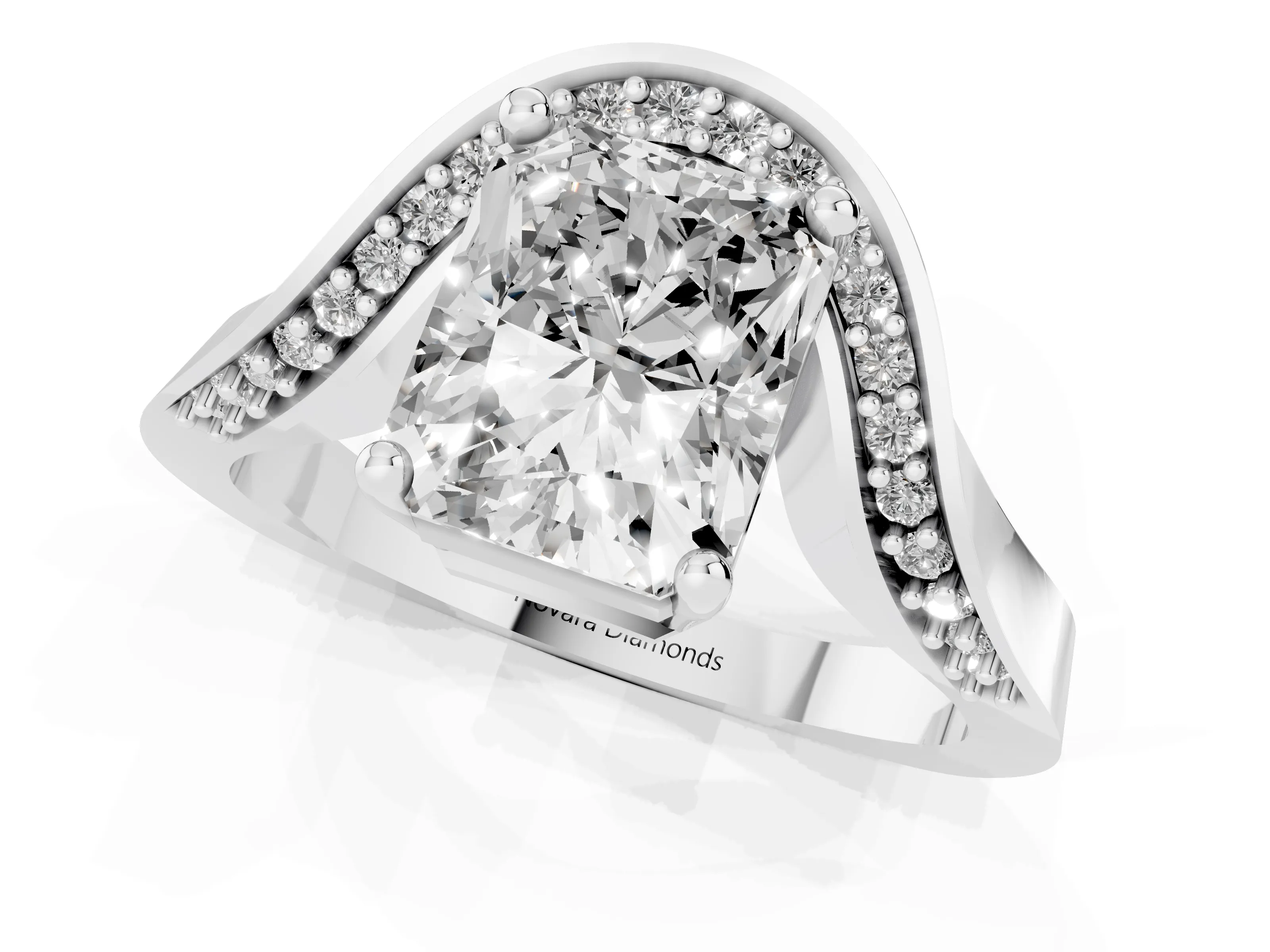 Radiant Cut Diamond Solitaire Engagement Ring Set in Silver with Pavé Shoulders