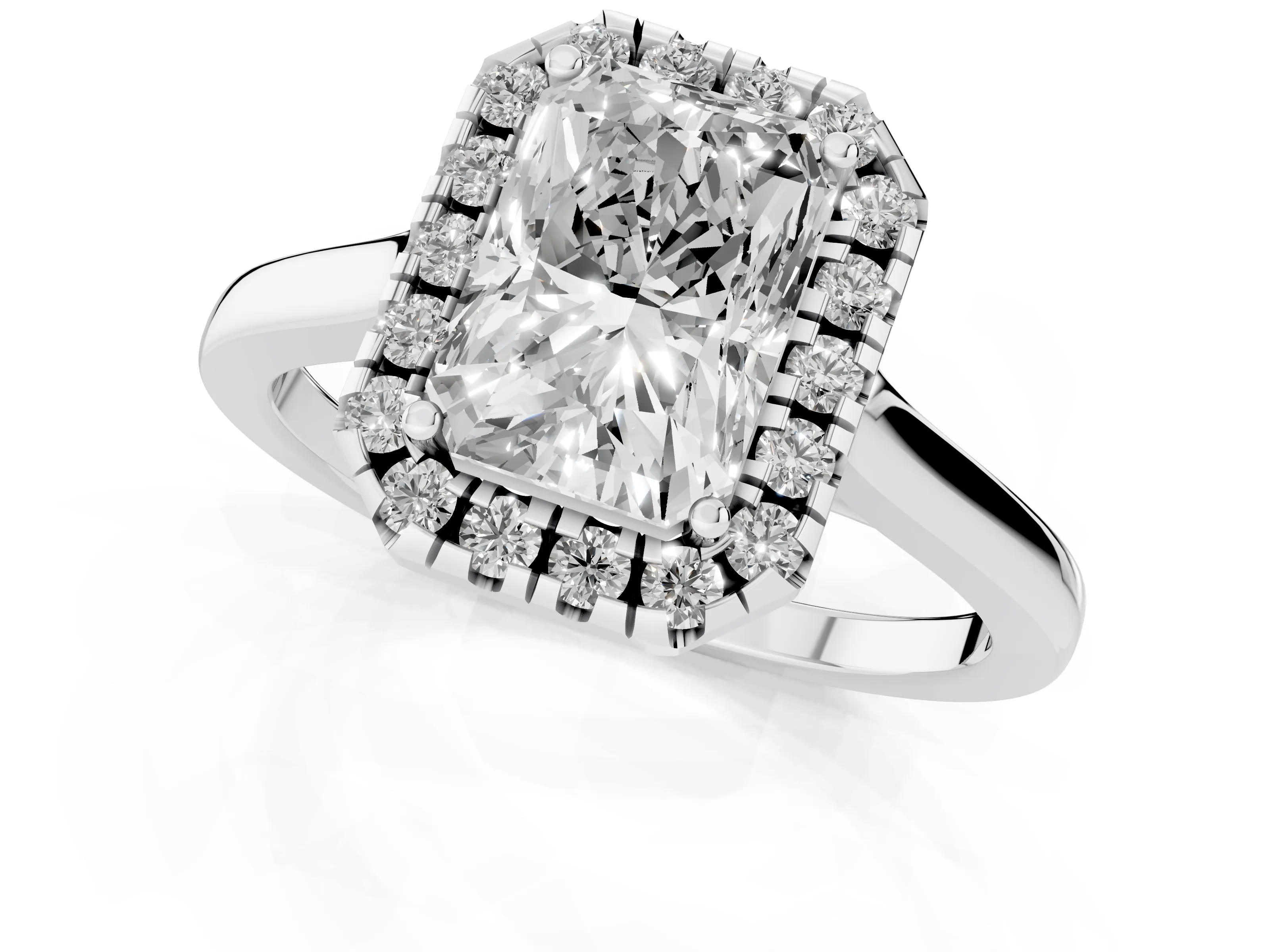 Radiant Cut Halo Round Diamond Solitaire Ring Set in Platinum with Pavé Band and Prong Setting