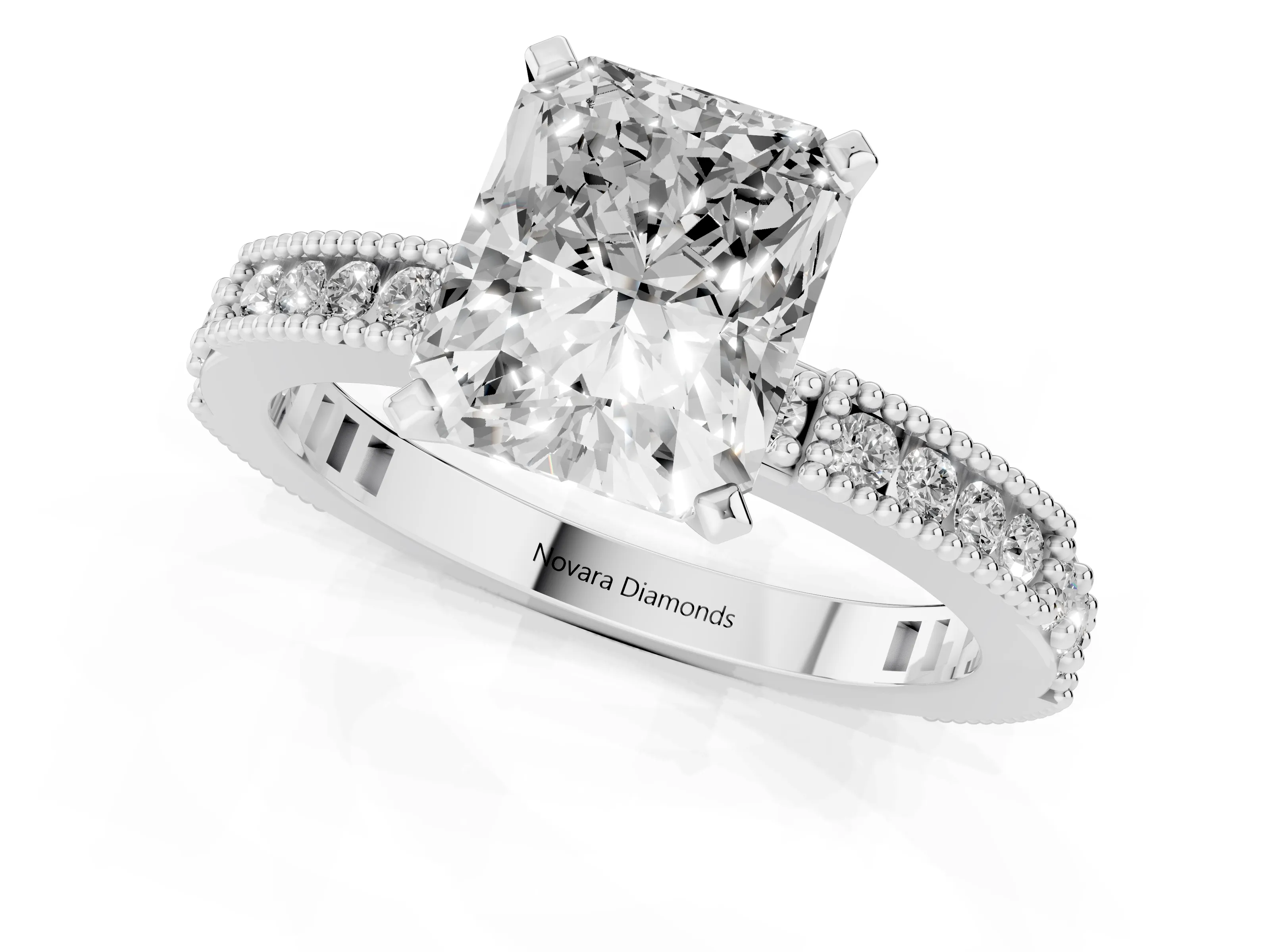 Radiant Cut Diamond Solitaire Ring Set in White gold with Slim Pavé Band and Prong Setting – second view