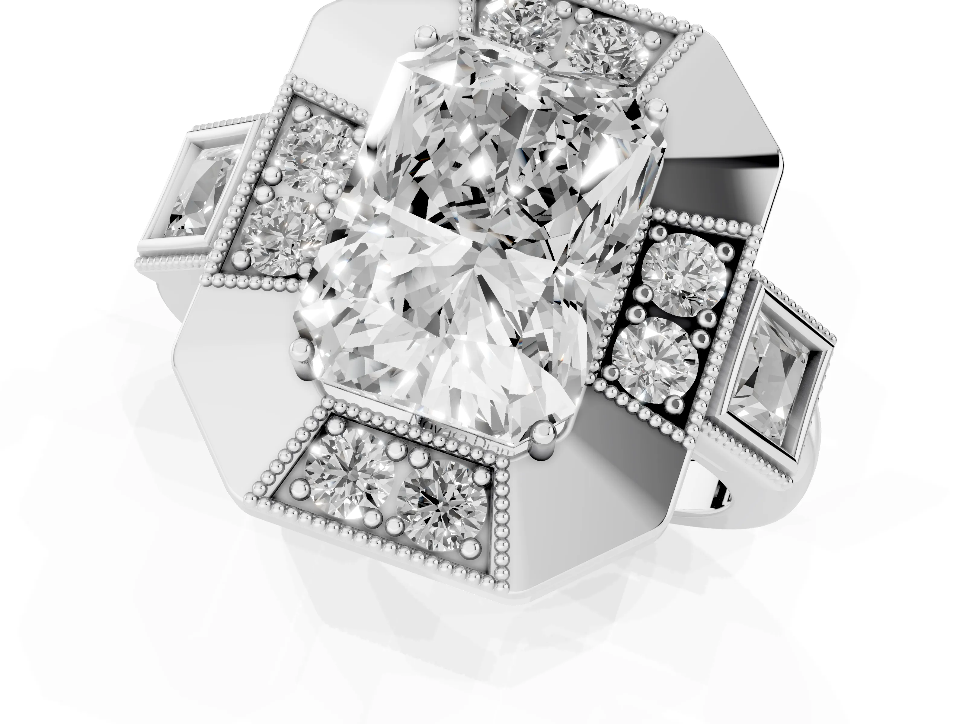 Radiant Cut Diamond Milgrain Halo Ring Set in Silver with Split Shank