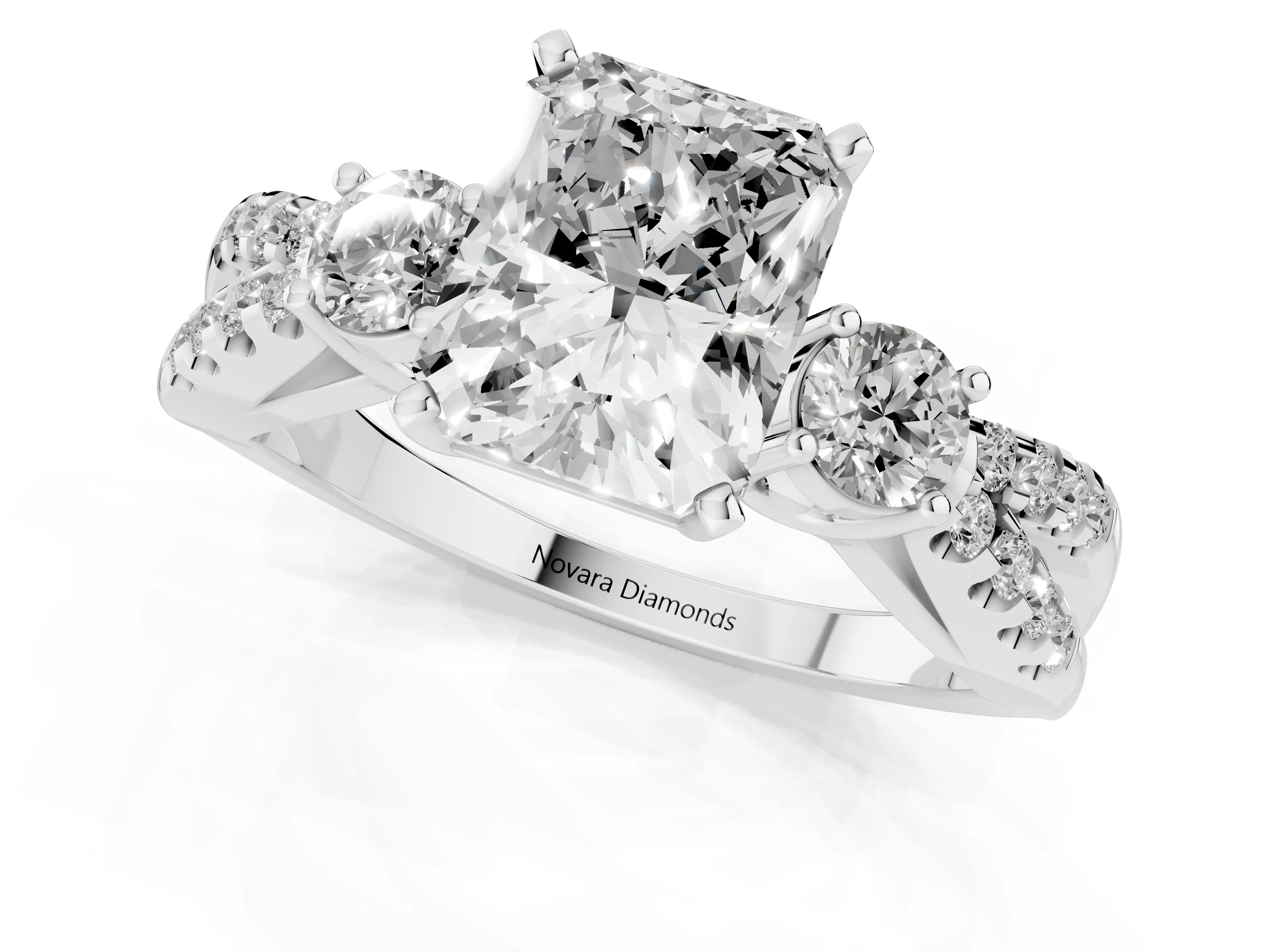 Radiant Cut Diamond Three-Stone Ring Set in Silver with Pavé Split Shank and Prong Setting