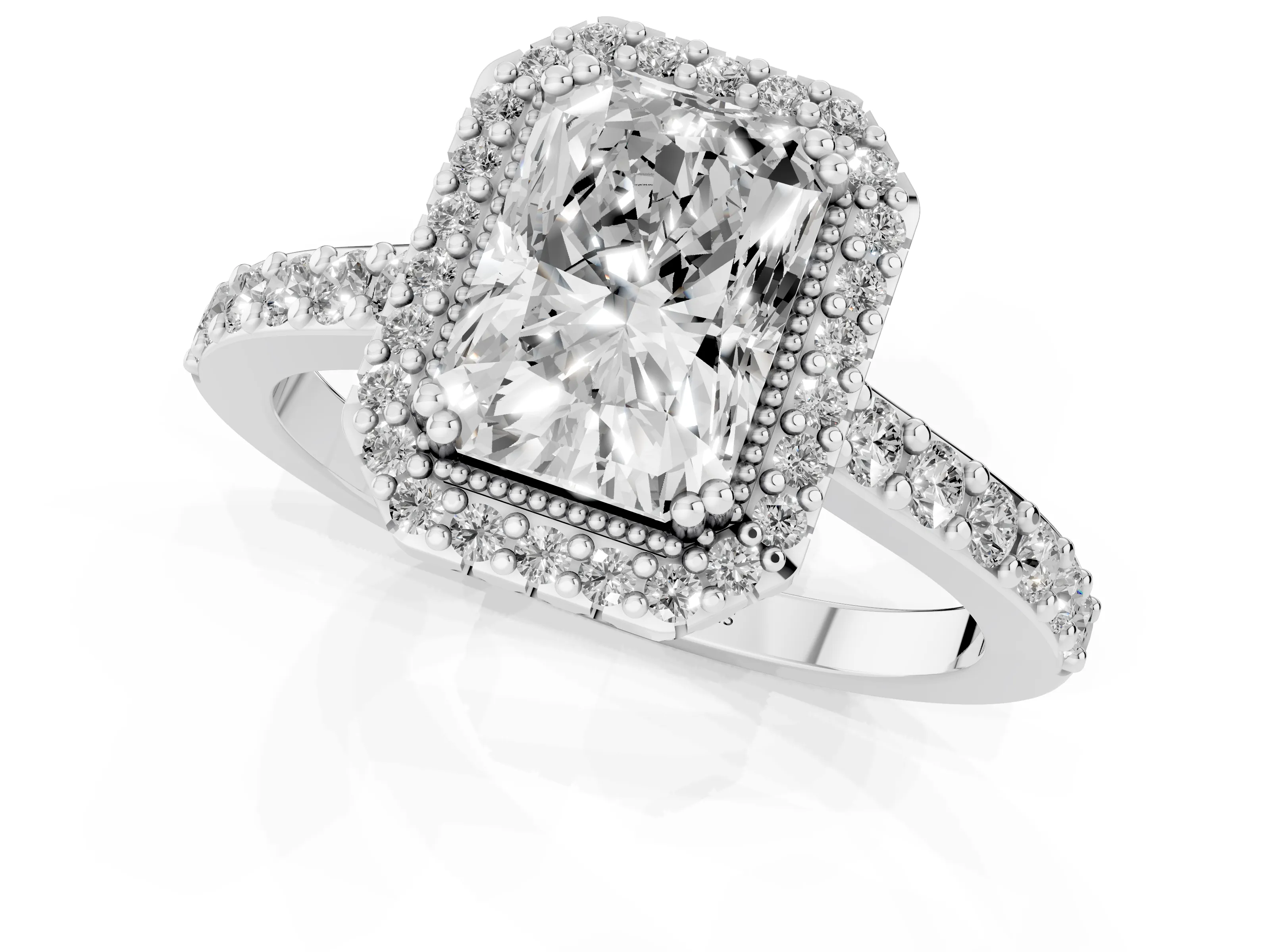 Radiant Cut Diamond Halo Engagement Ring Set in Platinum with Milgrain Detail and Pavé Band