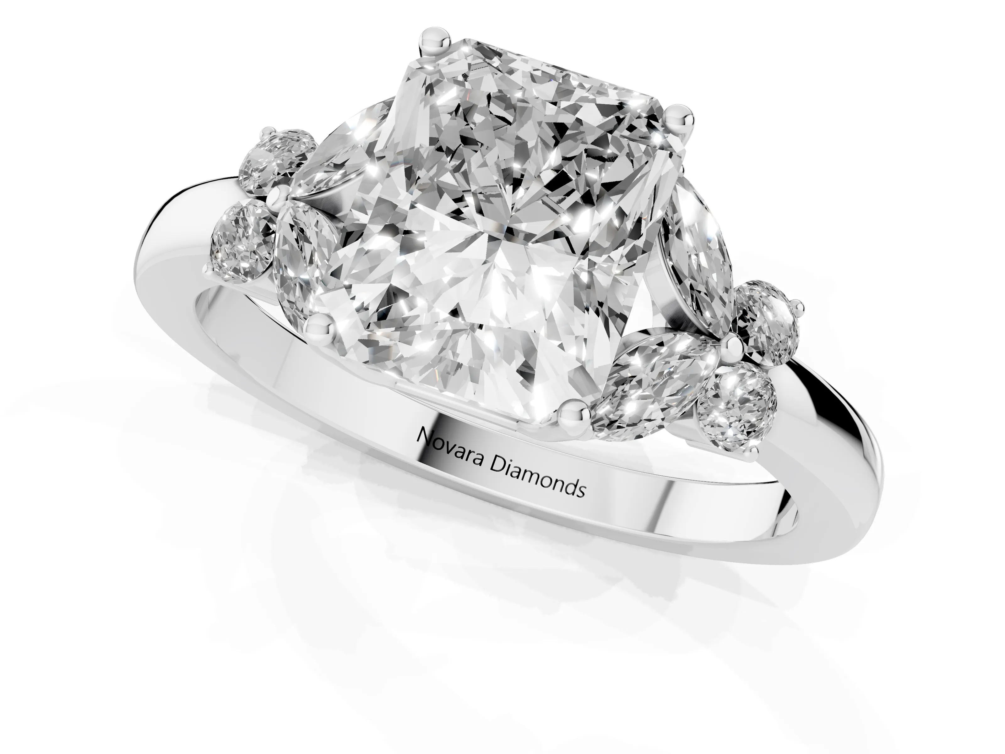 Radiant Cut Diamond Solitaire Floral Ring Set in White gold with Marquise Petals and Prong Setting