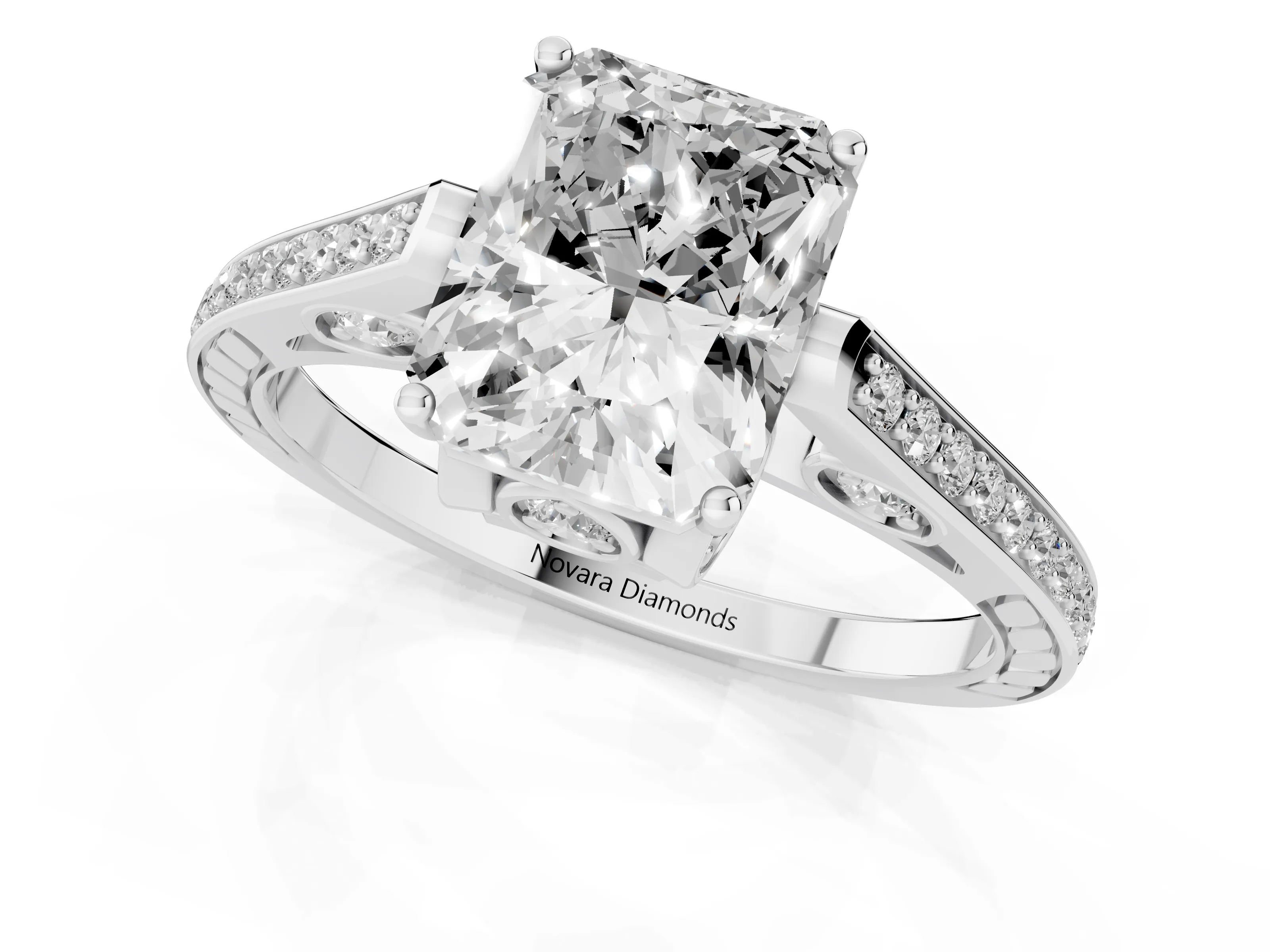 Radiant Cut Diamond Cathedral Pavé Engagement Ring Set in White gold with Prong Setting – second view
