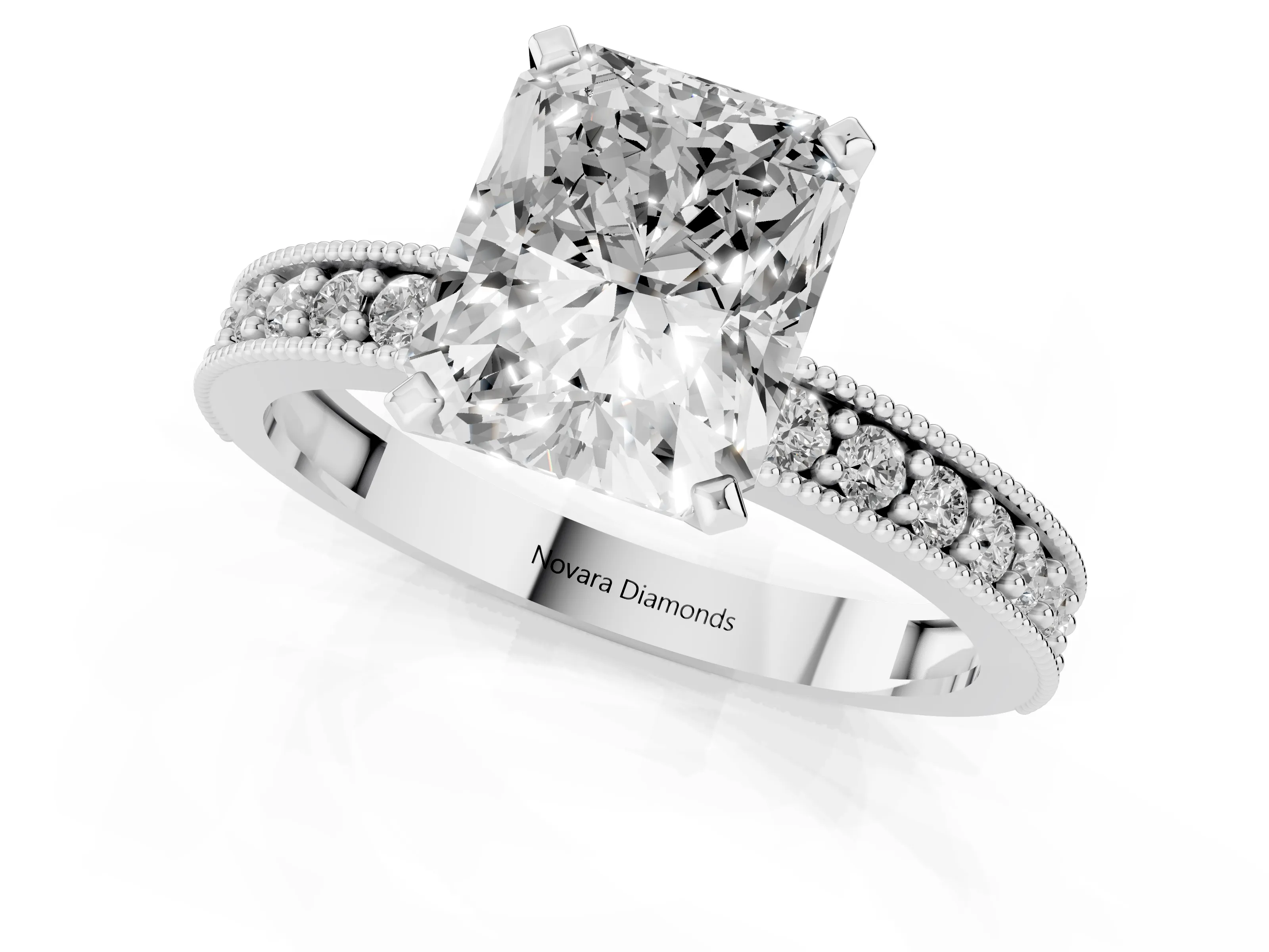 Radiant Cut Diamond Milgrain Pavé Engagement Ring Set in Silver with Prong Setting