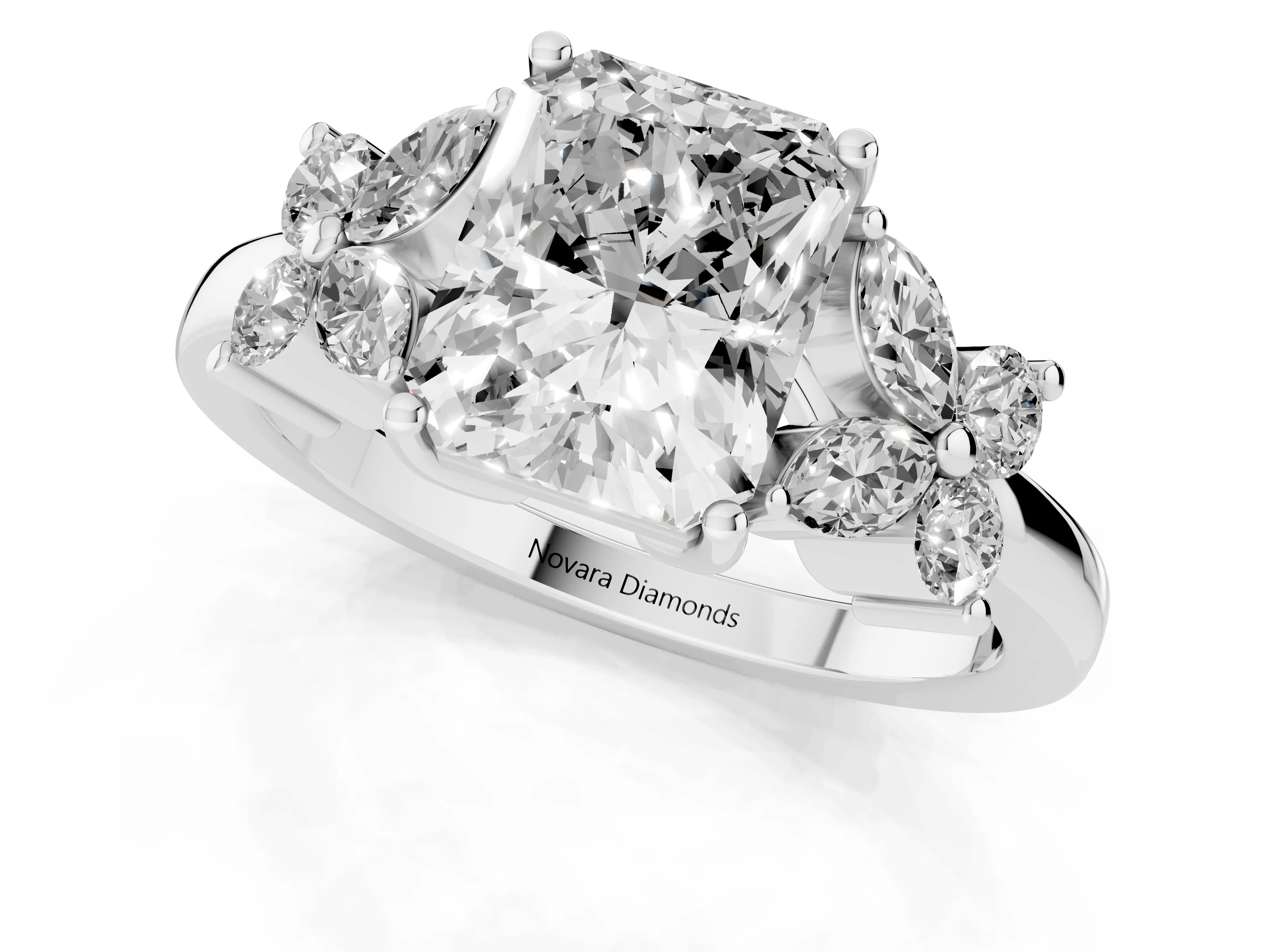 Radiant Cut Diamond Floral Cluster Ring Set in White gold with Marquise Petals and Prong Setting