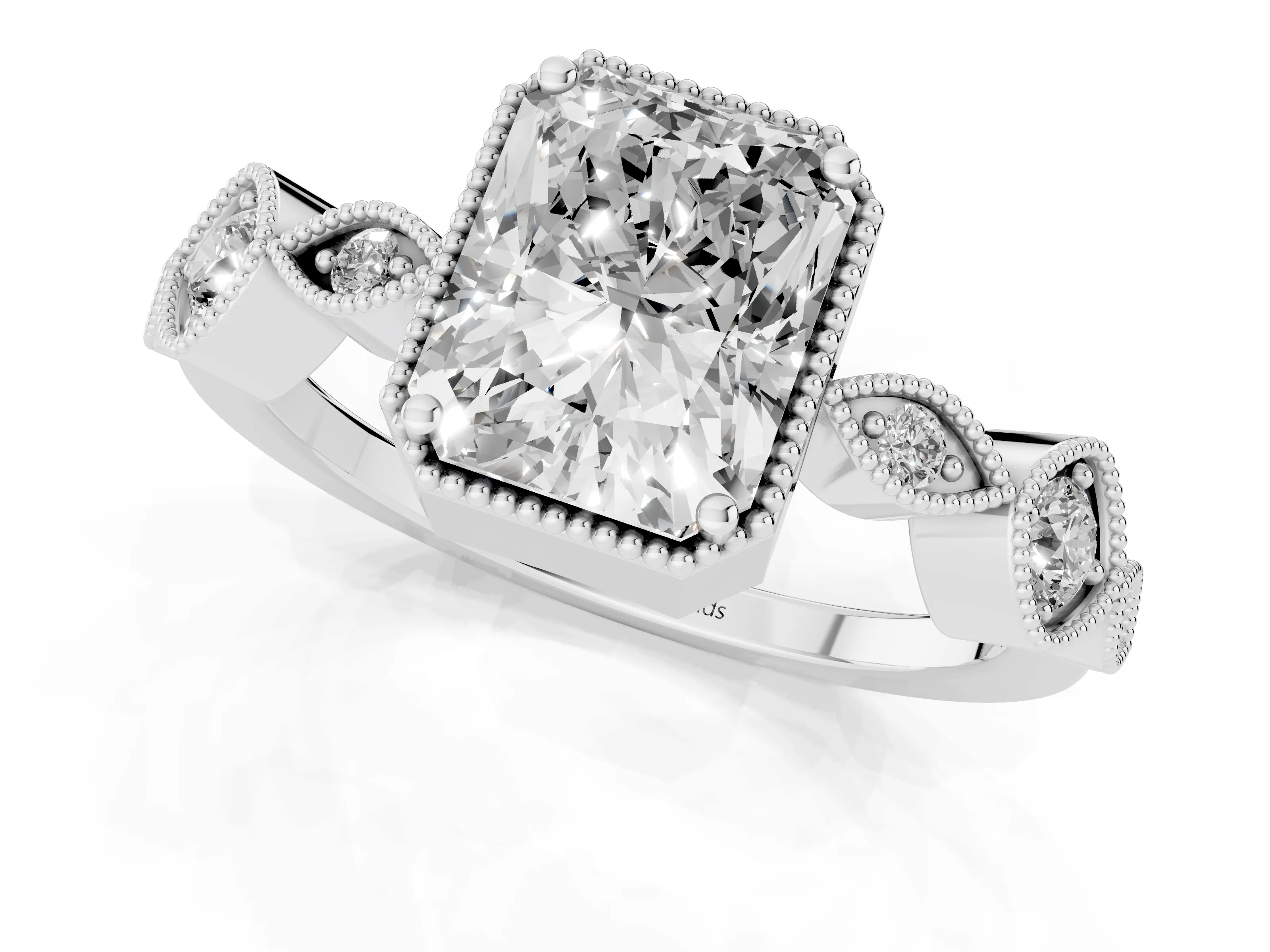 Radiant Cut Diamond Vintage-Inspired Milgrain Ring Set in Platinum with Marquise Stations of Round Accents
