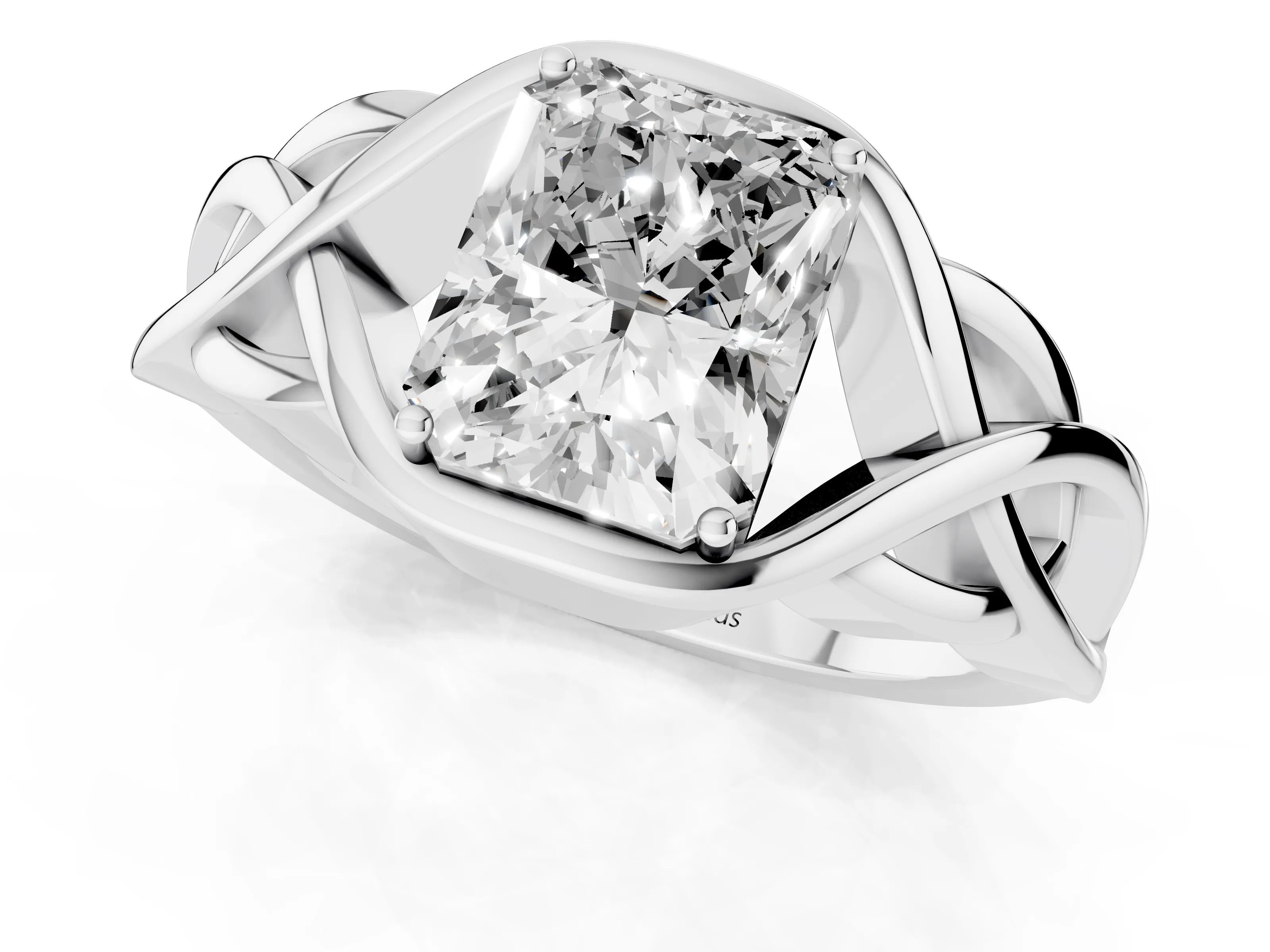 Radiant Cut Diamond Solitaire Ring Set in Silver with Intertwined Band