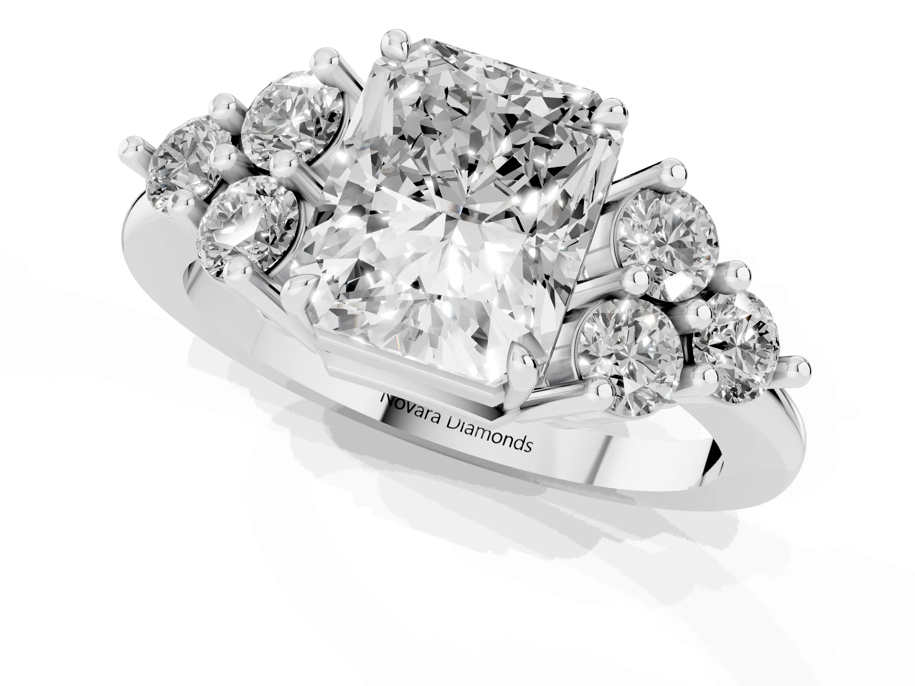 Radiant Cut Diamond Solitaire Ring Set in White gold with Cluster Accents on Each Side