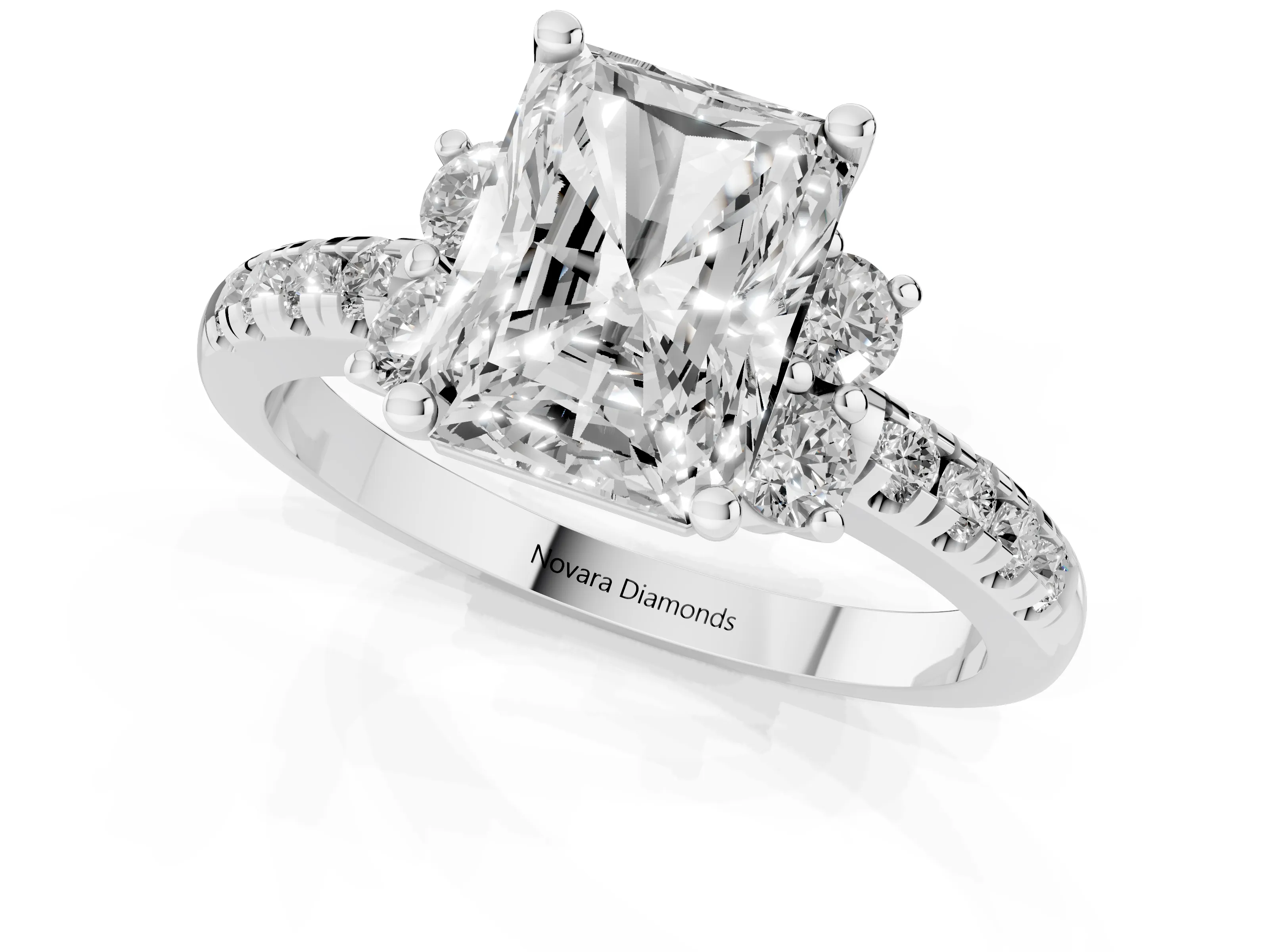 Radiant Cut Diamond Three-Stone Pavé Ring Set in Silver with Prong Setting