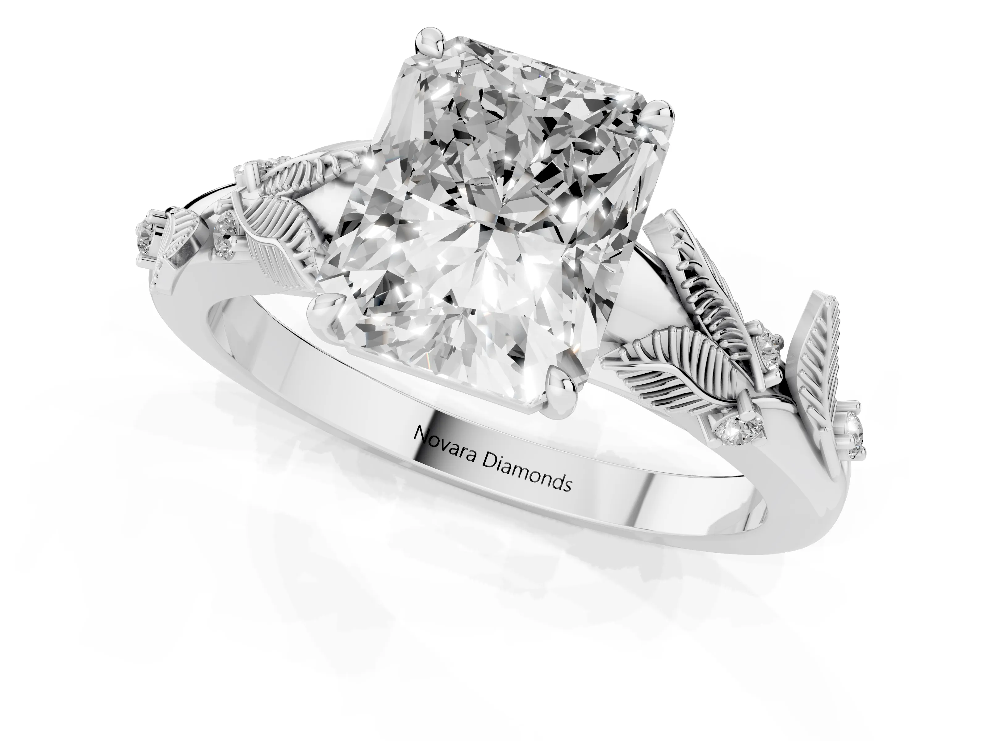 Radiant Cut Diamond Solitaire Ring Set in Silver with Leaf Motif Band