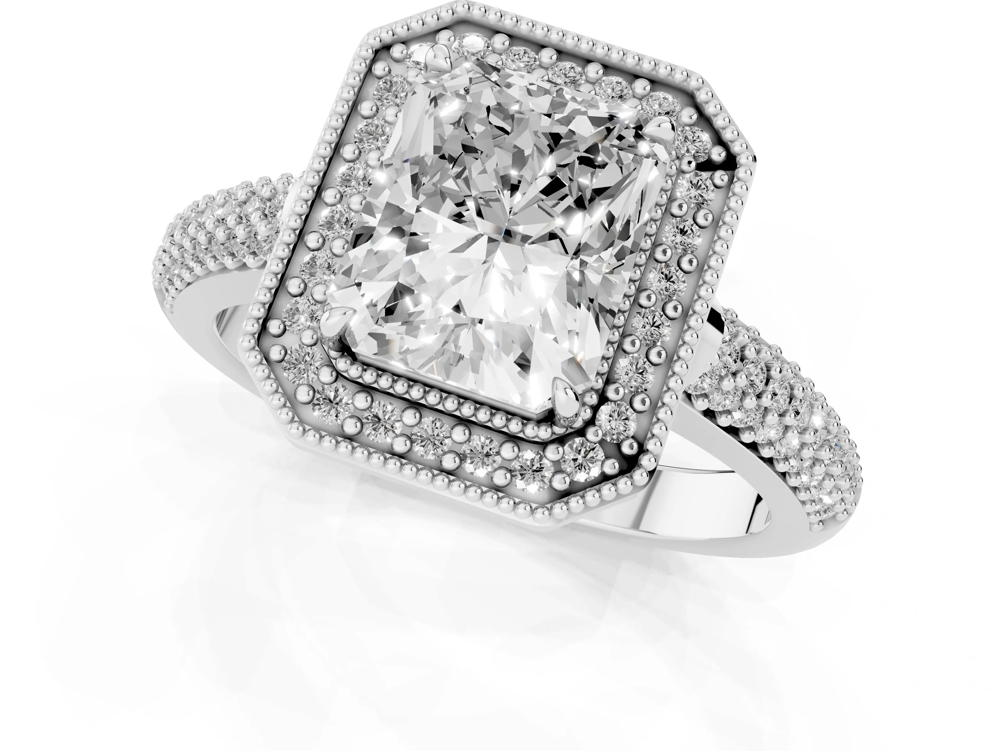 Radiant Cut Diamond Halo Pavé Band Set in Silver with Prong Setting