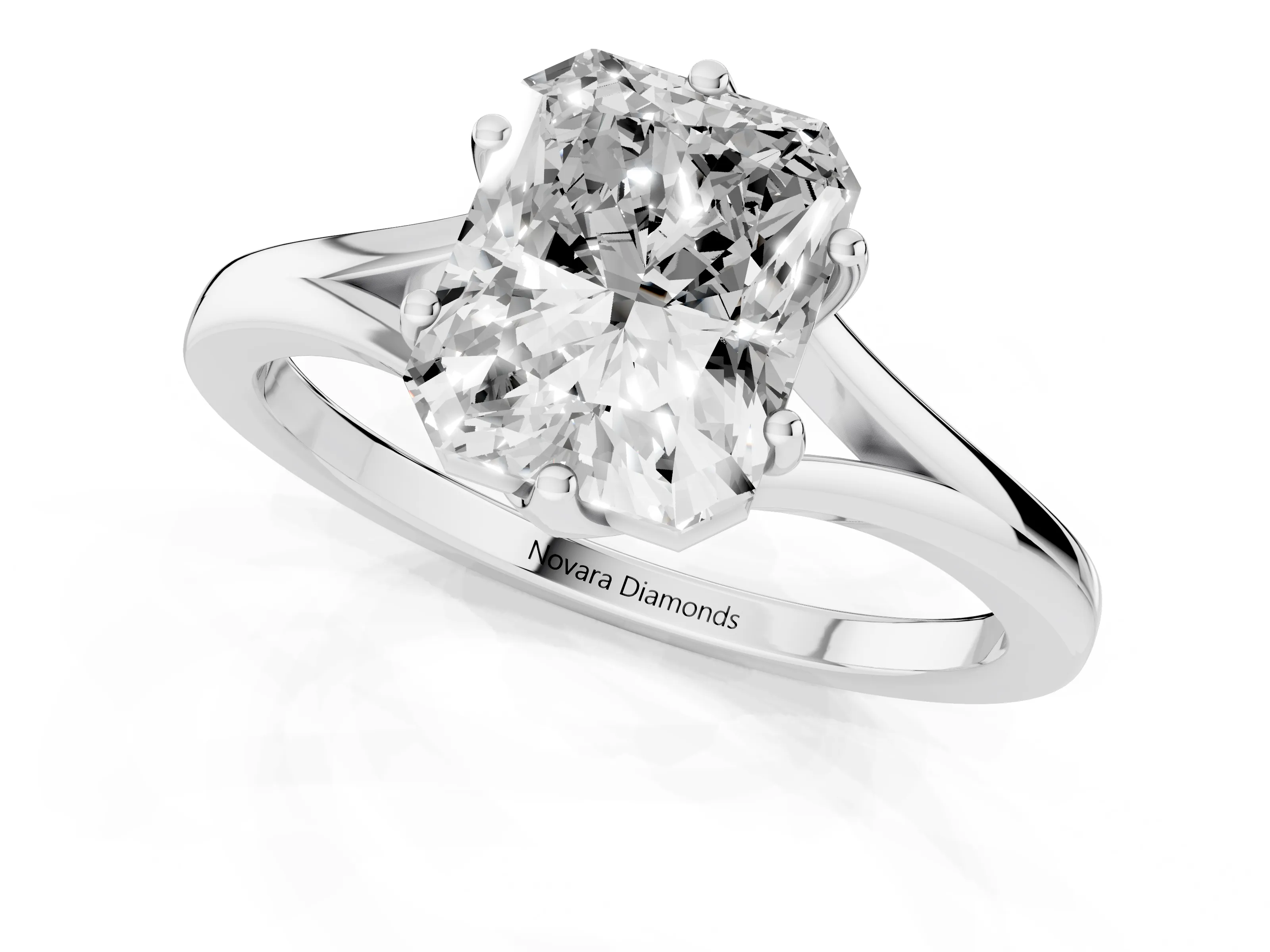 Radiant Cut Diamond Solitaire Ring Set in White gold with Polished Tapered Band and Prong Setting – second view