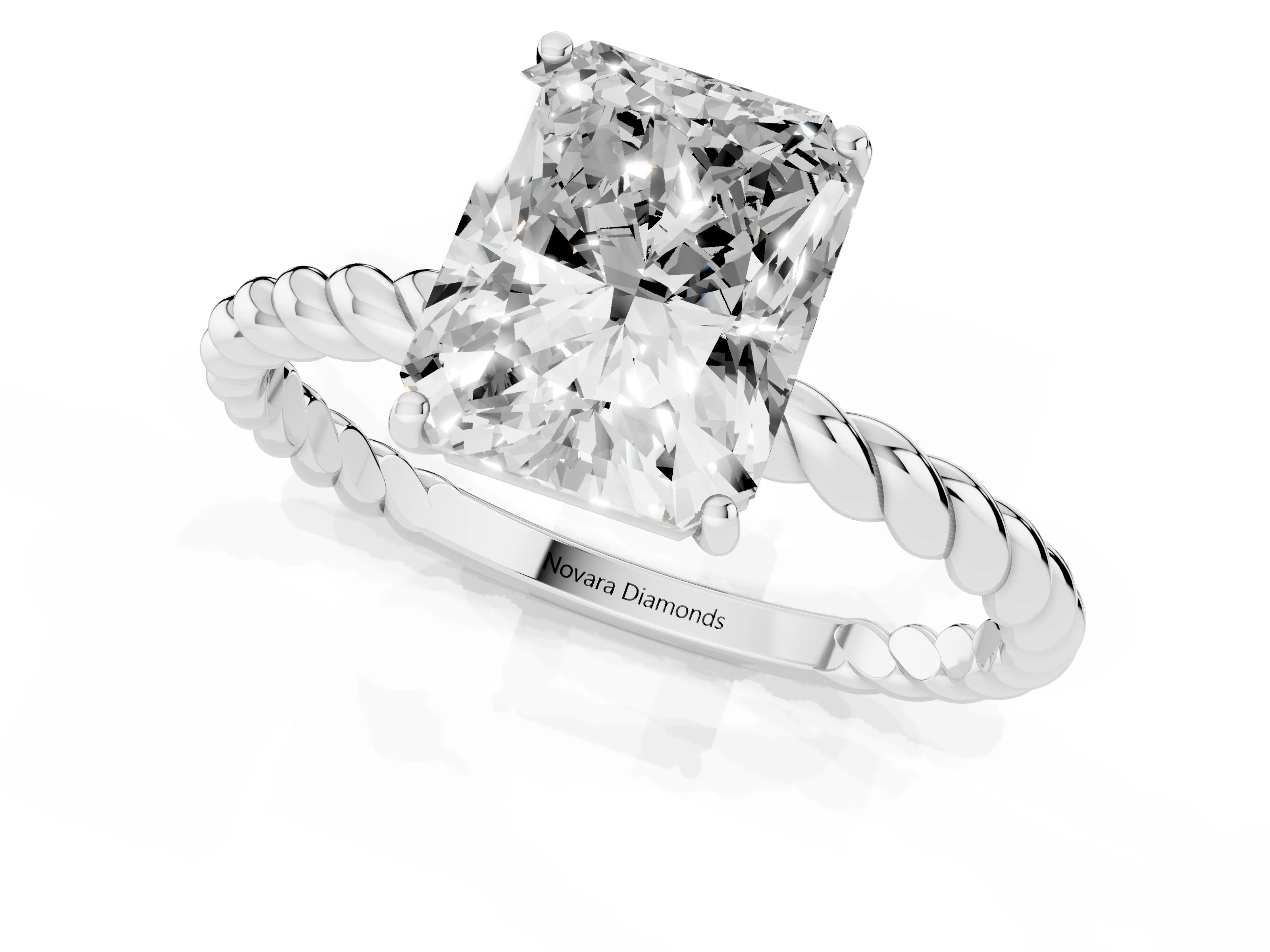 Radiant Cut Diamond Solitaire Ring Set in White gold with Twist Band and Prong Setting