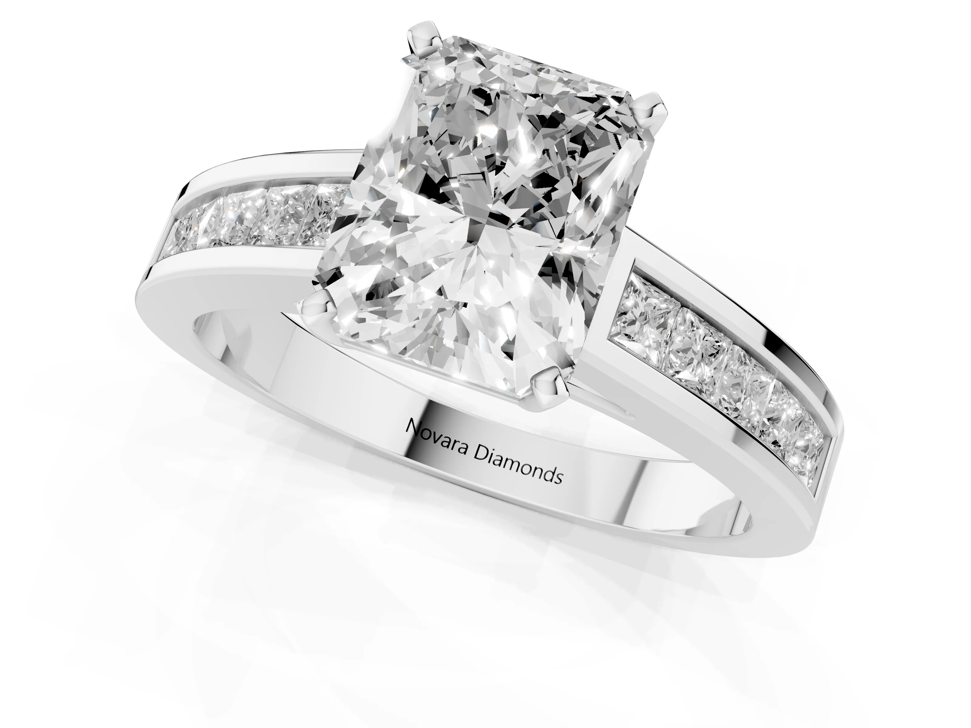 Radiant Cut Diamond Solitaire Ring Set in White gold with Channel-Set Band and Prong Setting