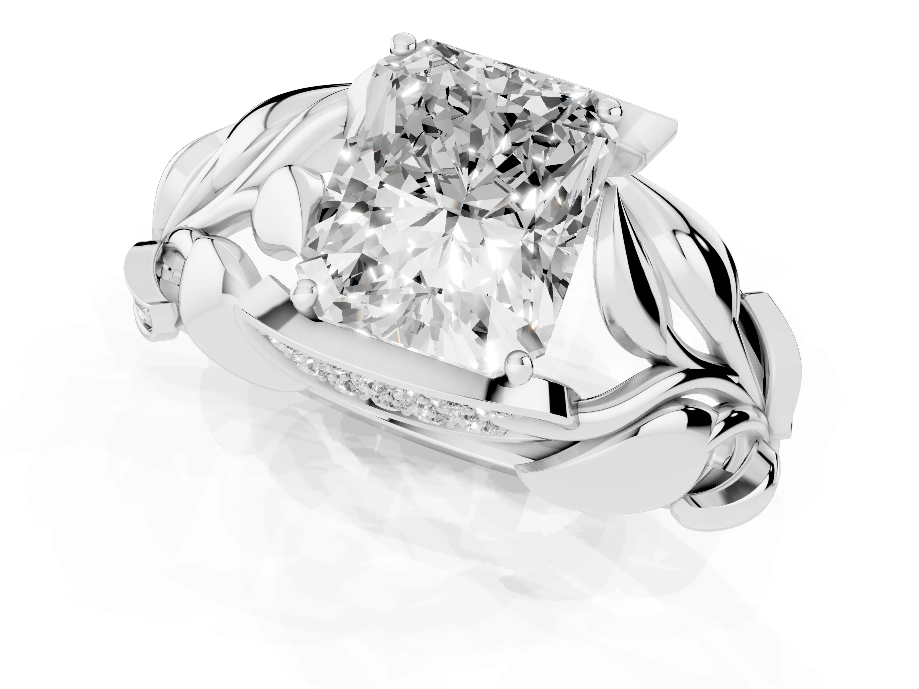 Radiant Cut Diamond Leaf-Inspired Engagement Ring Set in Silver with Round Accents