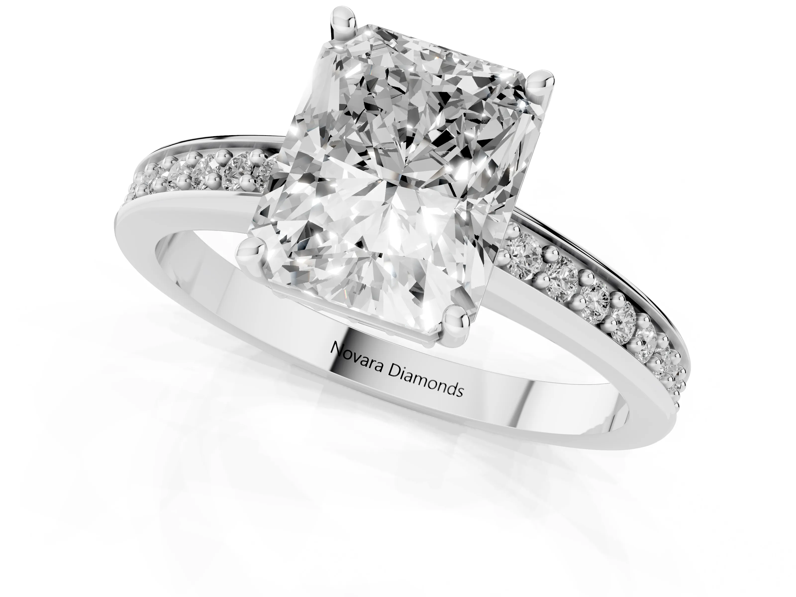 Radiant Cut Diamond Pavé Band Prong Set Solitaire Ring Set in Silver