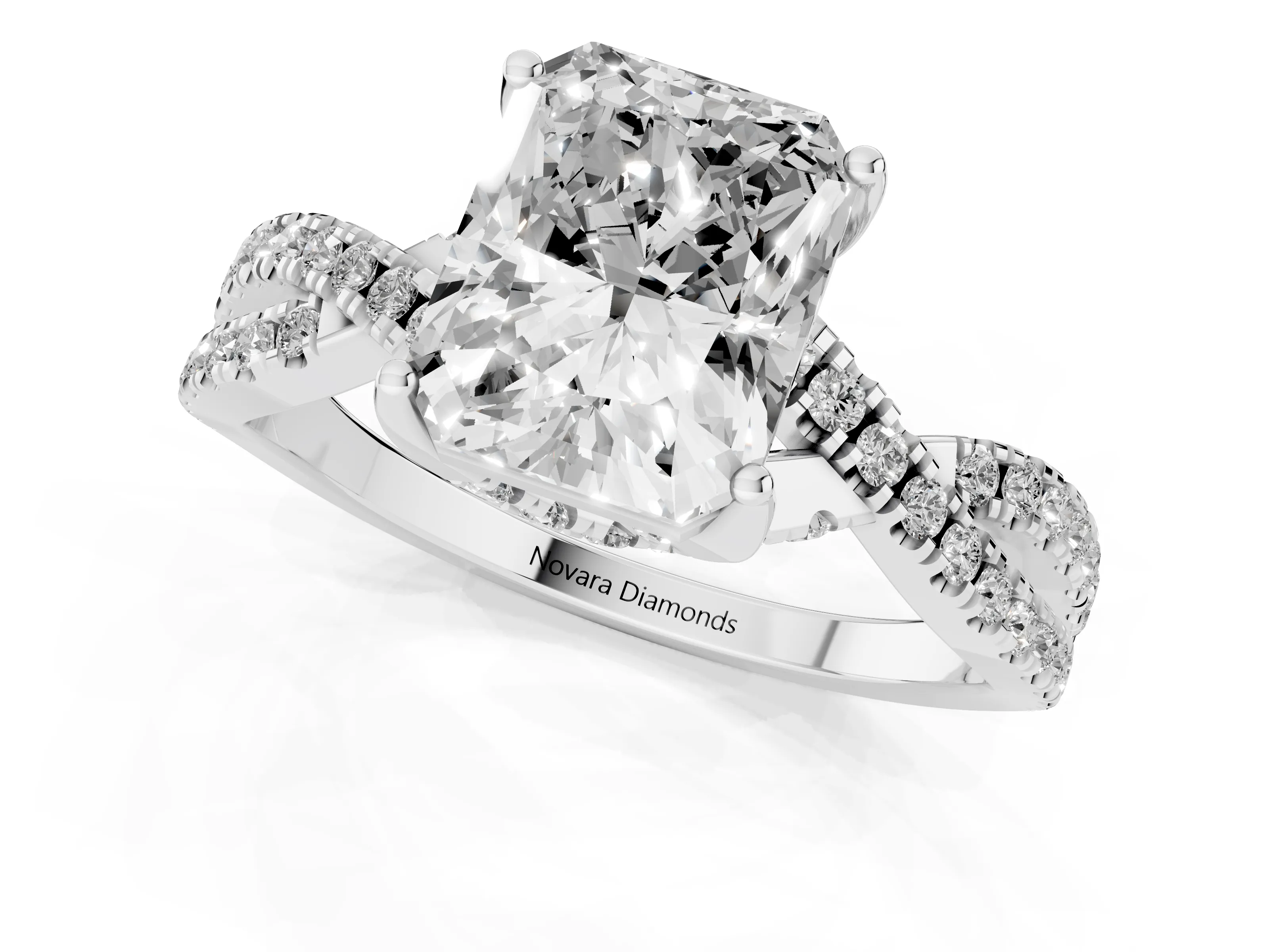 Radiant Cut Diamond Twist Pavé Solitaire Engagement Ring Set in Silver with Prong Setting