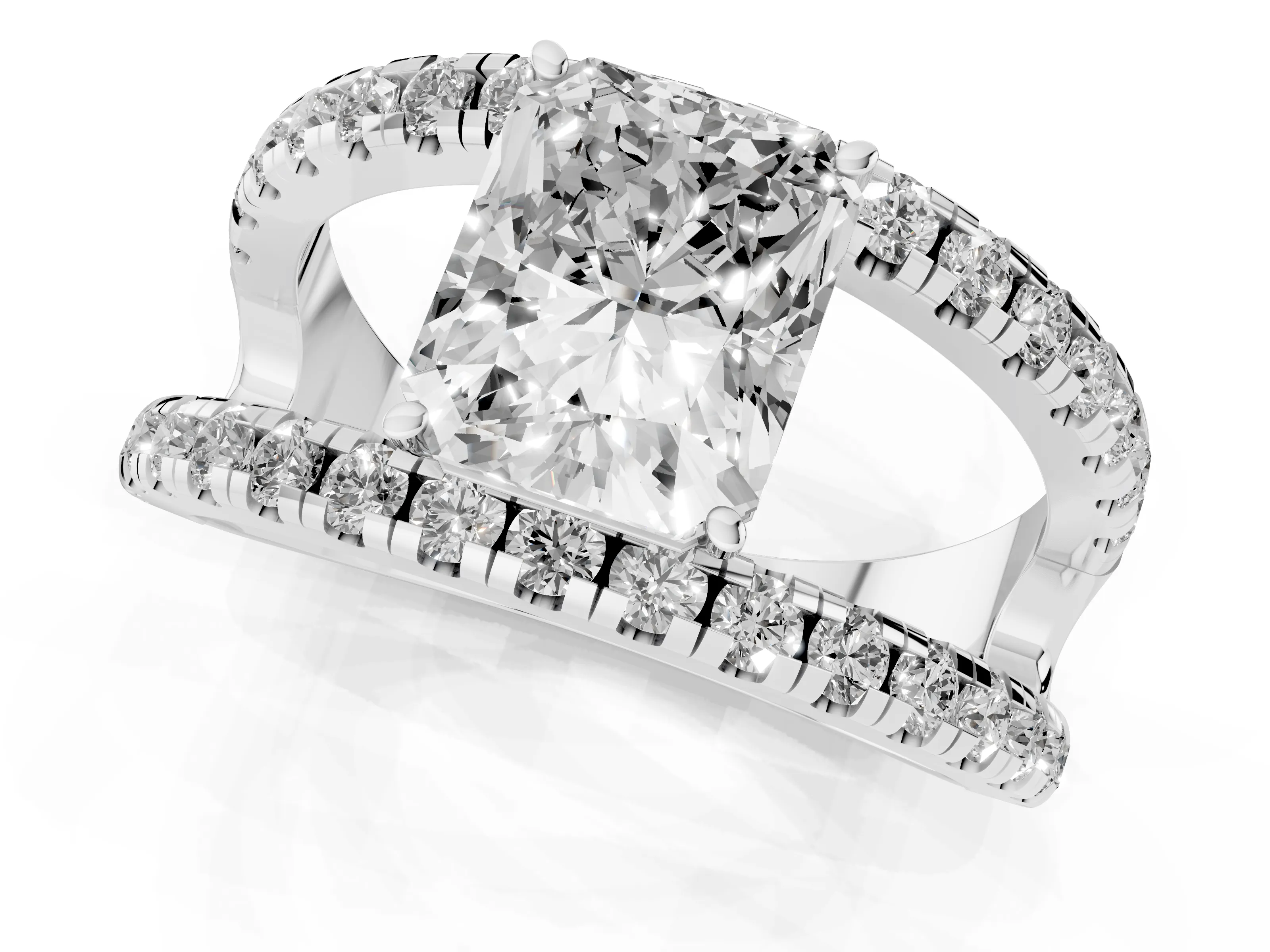 Radiant Cut Diamond Split Shank Pavé Solitaire Ring Set in Platinum with Open Shank Design