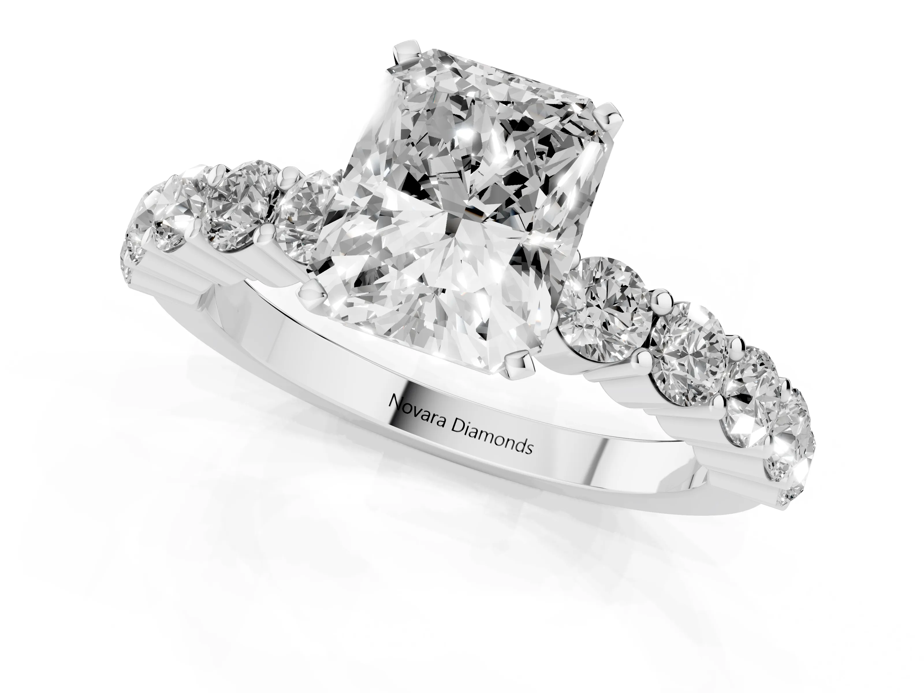 Radiant Cut Diamond Solitaire Ring Set in Silver with Shared Prong Round Side Stones
