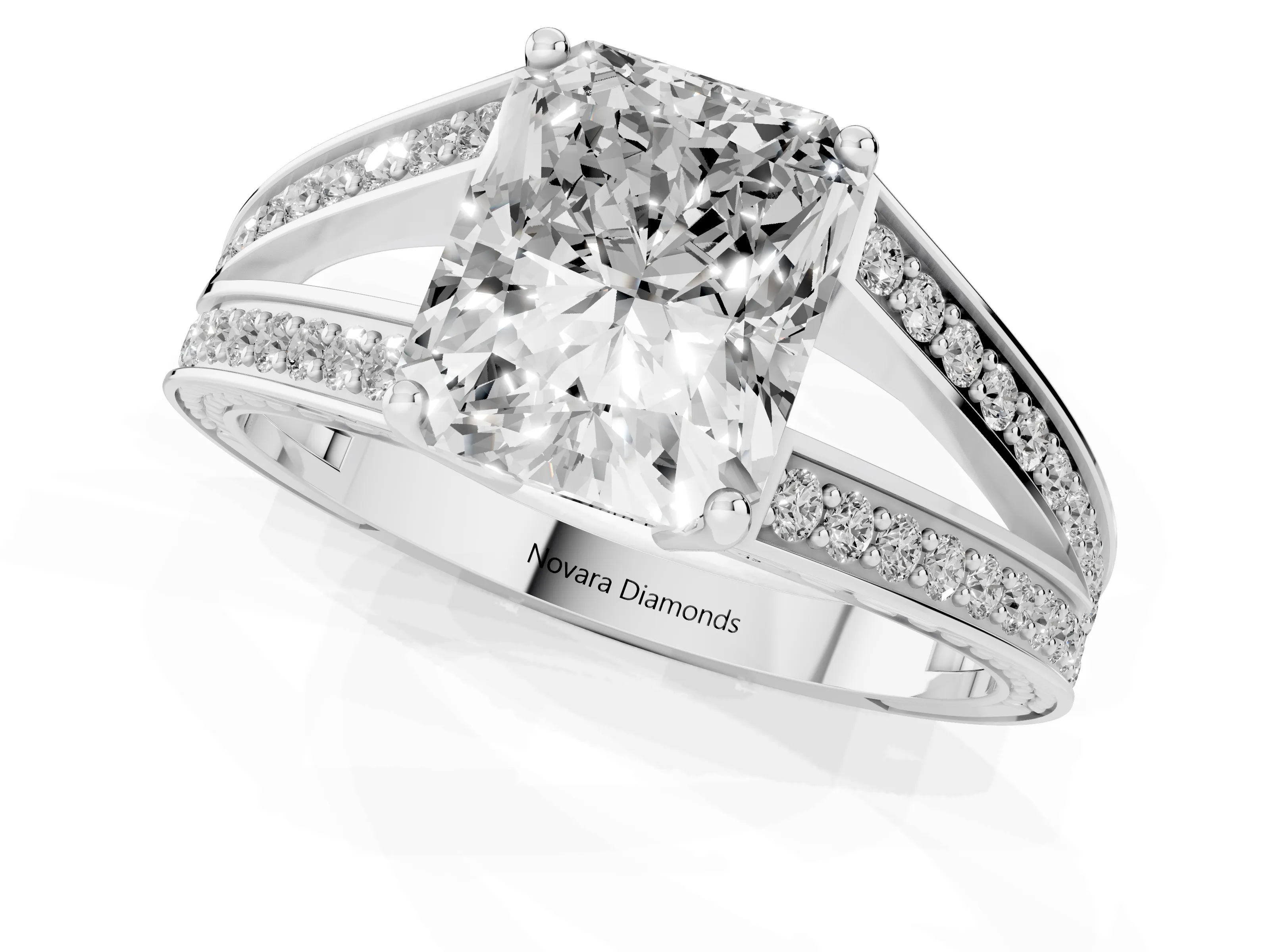 Radiant Cut Diamond Split Shank Ring Set in Silver with Pavé Band and Prong Setting
