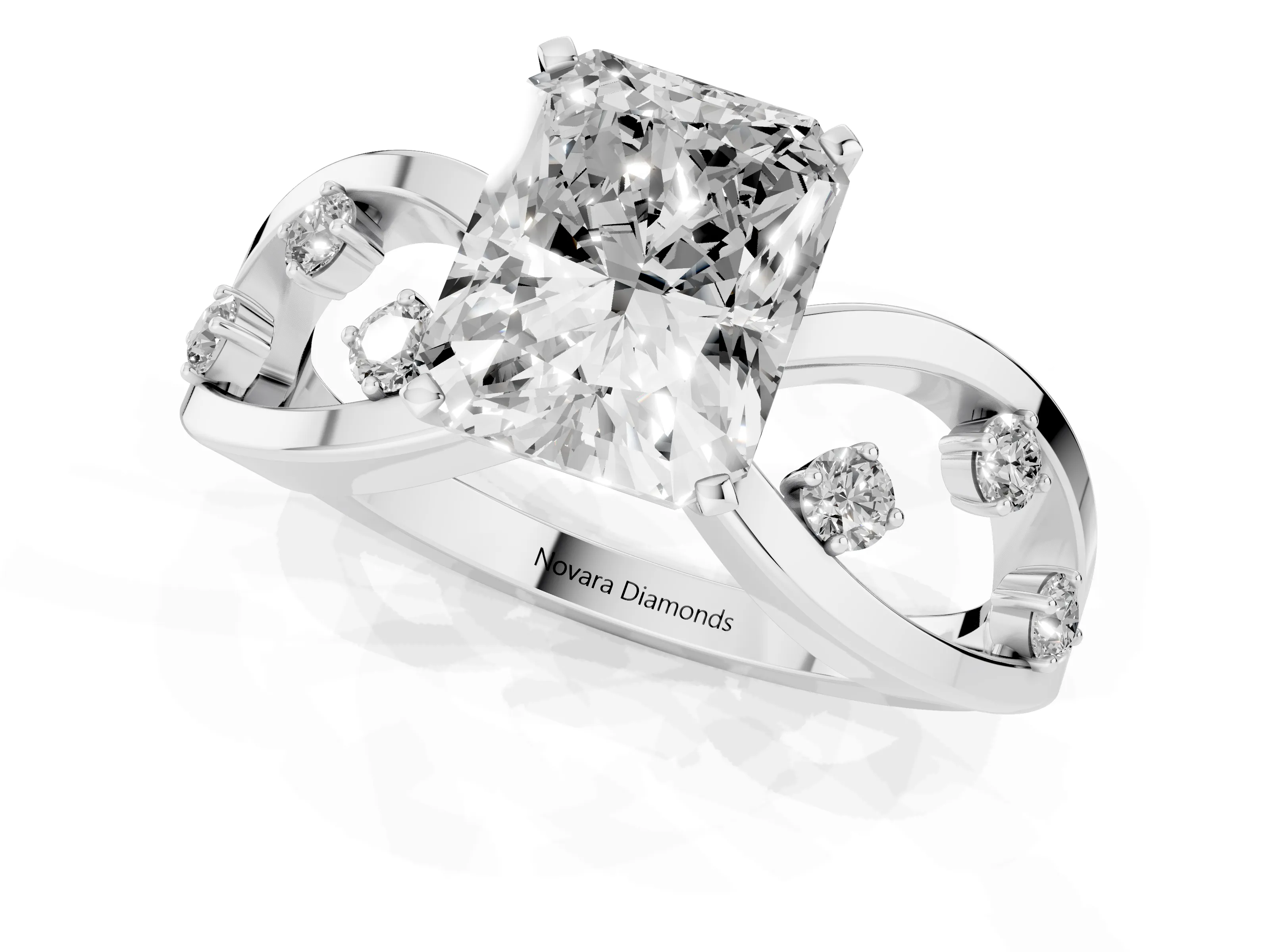 Radiant Cut Diamond Solitaire Ring Set in Platinum with Side Stones on Criss-Cross Band and Prong Setting