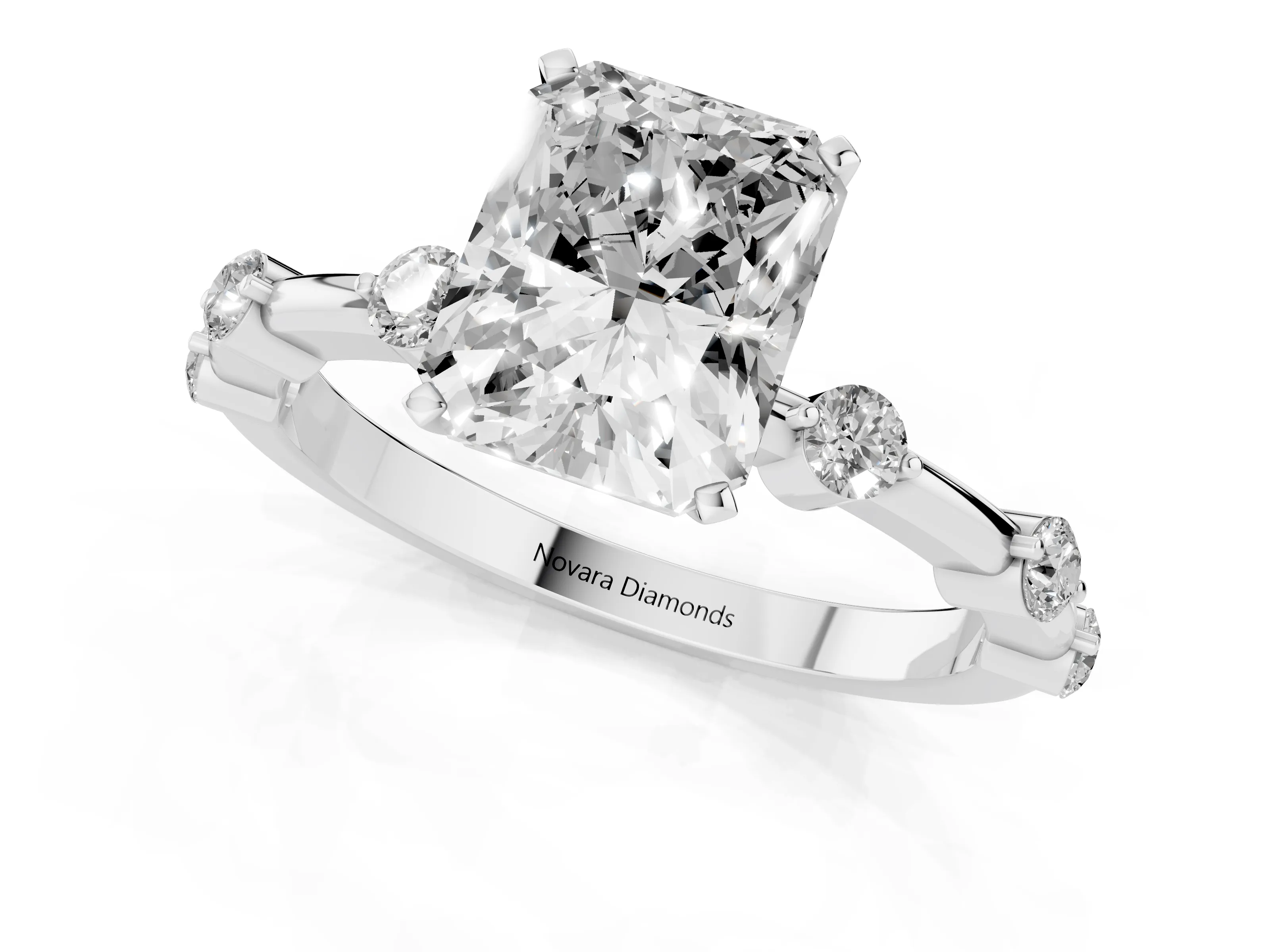 Radiant Cut Diamond Solitaire Ring Set in Silver with Bezel Set Side Stones and Prong Setting