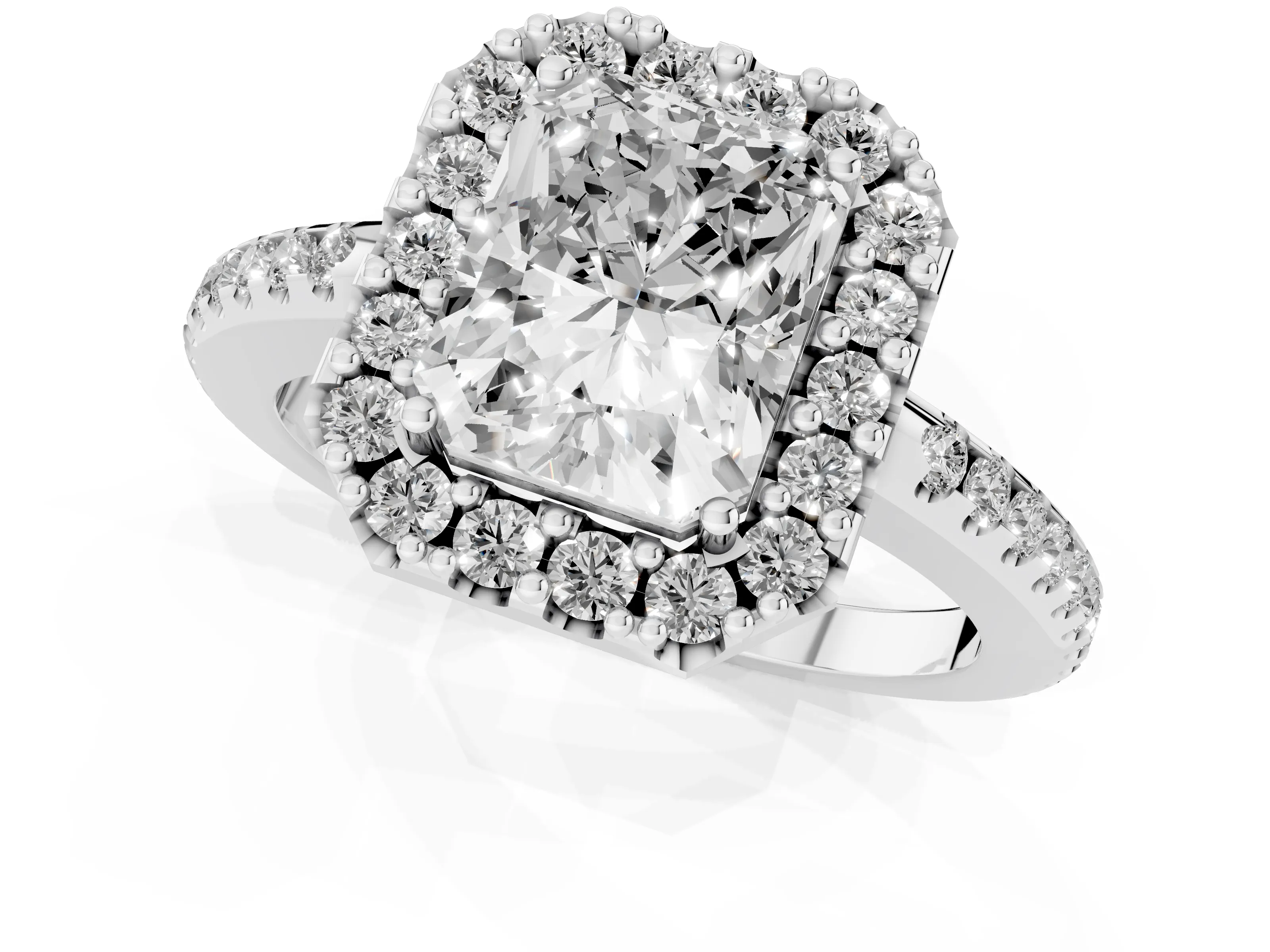 Radiant Cut Diamond Pavé Halo Ring Set in Silver with Prong Setting