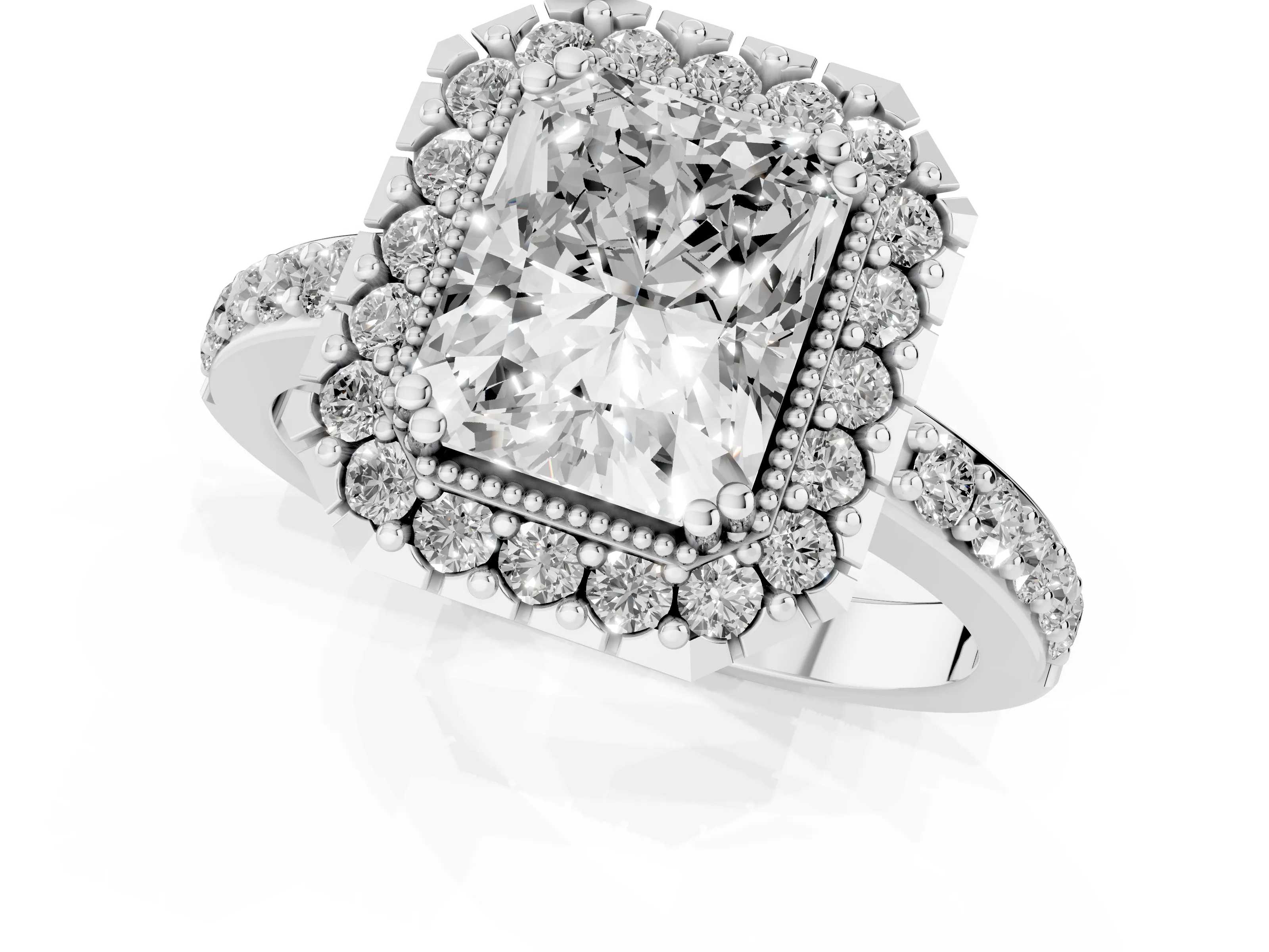 Radiant Cut Diamond Halo Ring Set in White gold with Pavé Shank and Prong Setting