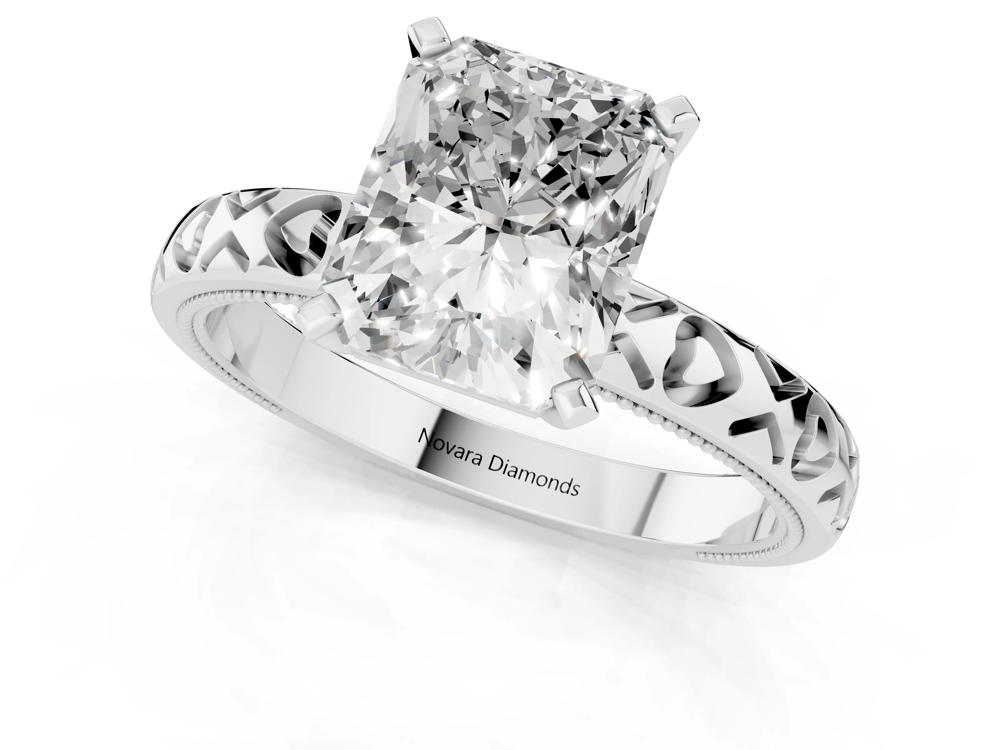 Radiant Cut Diamond Solitaire Engagement Ring Set in White gold with XO Engraved Band and Prong Setting – second view