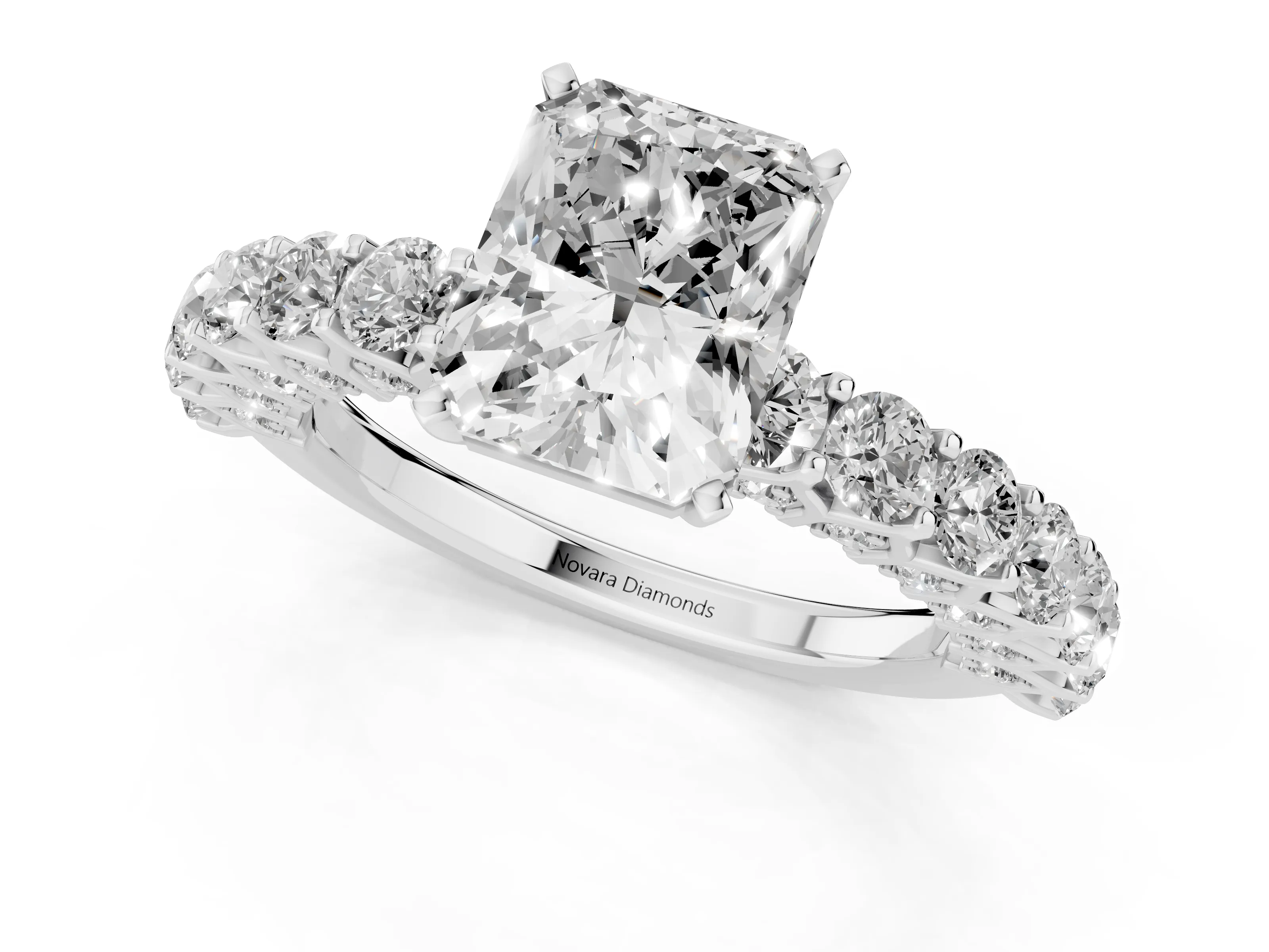 Radiant Cut Diamond Solitaire Ring Set in Silver with Shared Prong Pavé Band